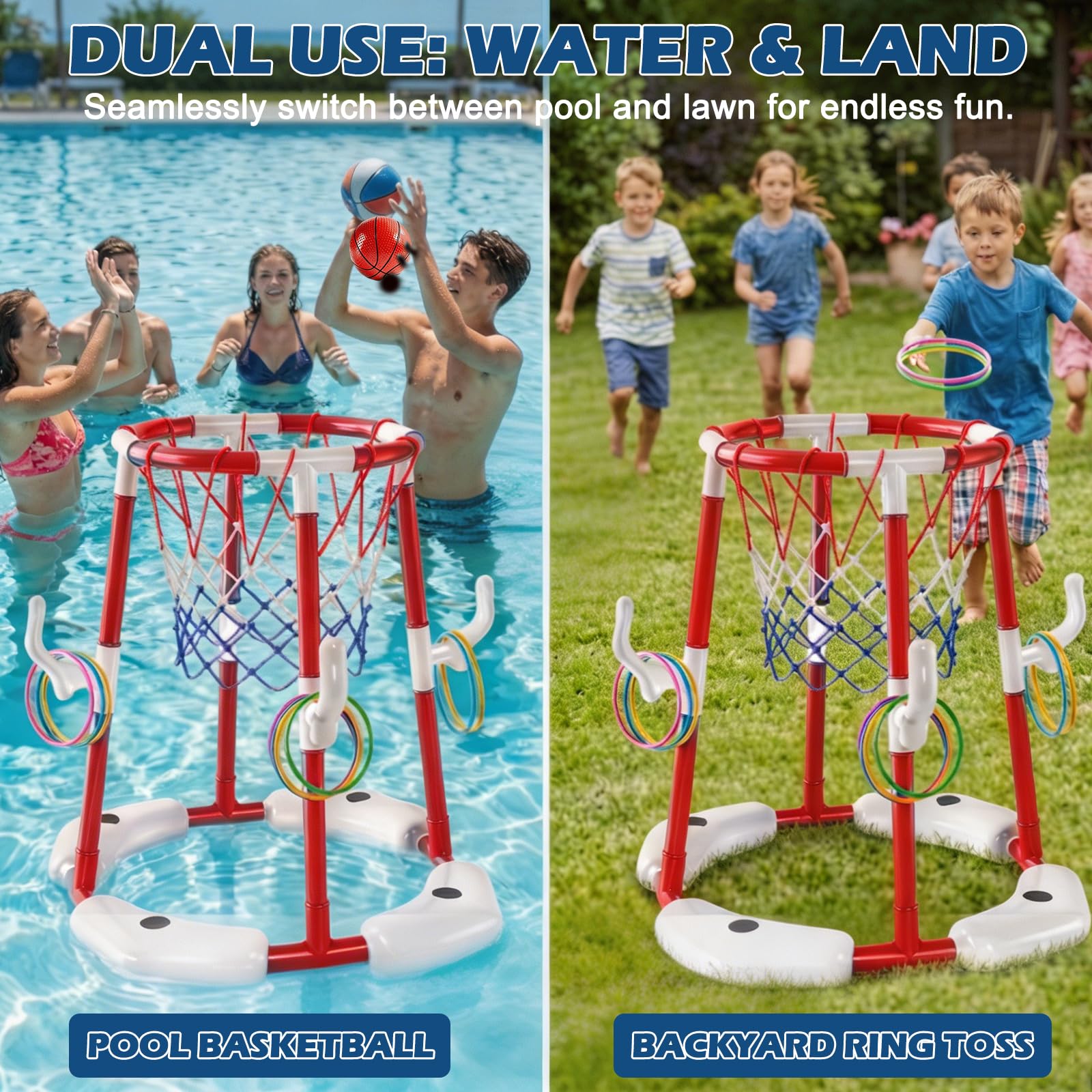 FARYODI Pool Basketballkorb, Basketballkorb für Erwachsene mit 4 Poolbällen und Pumpe, Schwimmende Aufblasbare Basketballspiele, Outdoor Spielzeug für Schwimmbad, Sommerpartys (Rot)