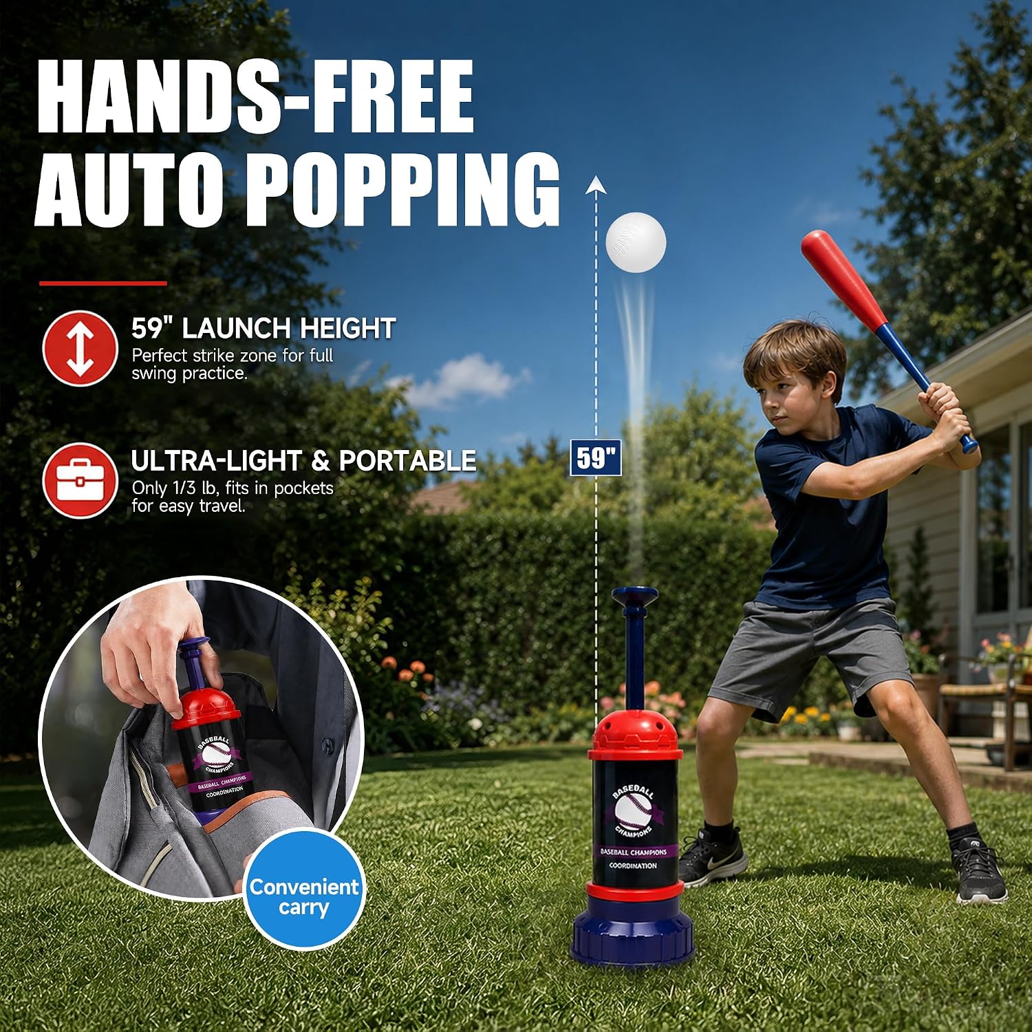 Tee Popper Baseball Training with 3 Durable Balls, Pop-Up Hitting Practice | Stable Tee Popper Launcher, Battery-Free, Fun & Safe Practice