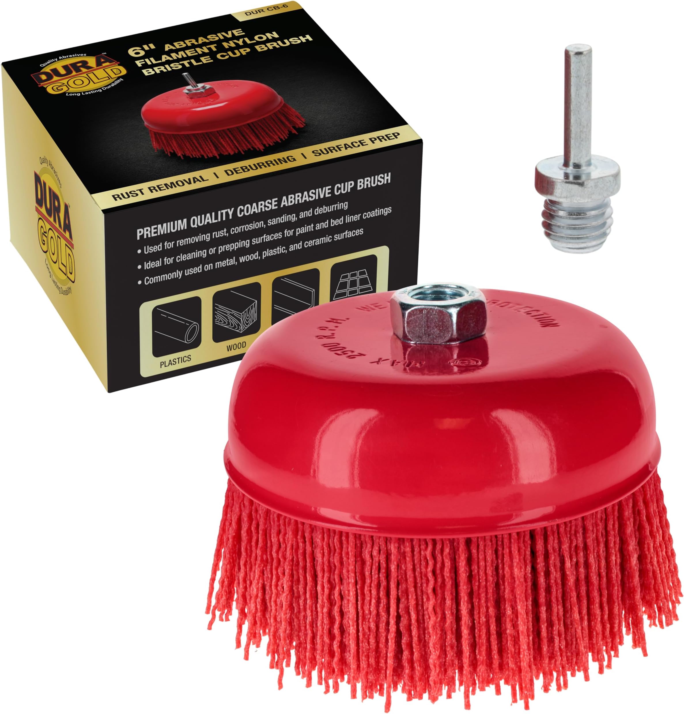 Dura-Gold 6" Abrasive Filament Nylon Bristle Cup Brush - 5/8" 11 Thread, 1/4" Hex Drill Shank Arbor, Coarse Grit Angle Grinder Brush for Truck Bed Liner Surface Prep, Sanding, Rust & Paint Removal
