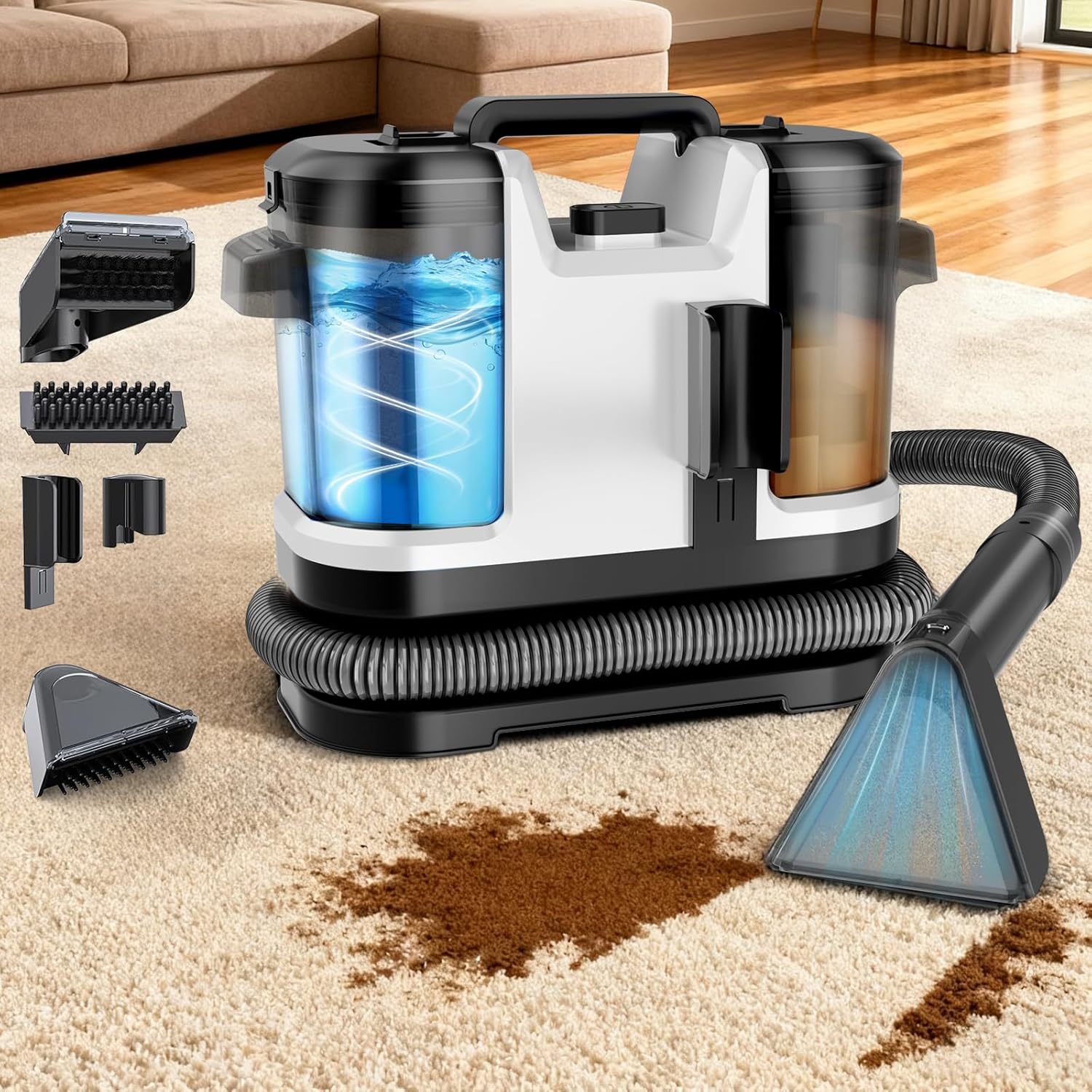 Portable Carpet Upholstery Cleaner Machine Handheld Spot Cleaner with Dual Brush 18KPa Suction Large Removable Tank for Couch
