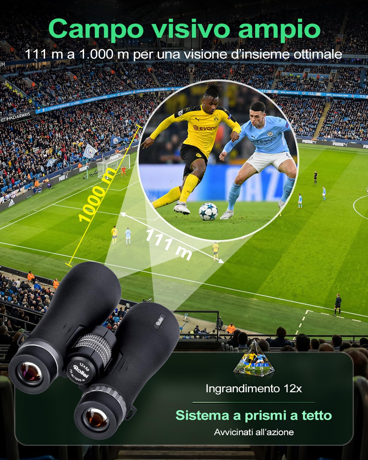 Binocolo Professionale 12x50 Pro Rollei Binocular Potenti per Adulti con Ingrandimento 12x e Lenti FMC Resistente IPX6 Binocolo per Hobbisti Birdwatching Caccia Escursionismo e Sightseeing