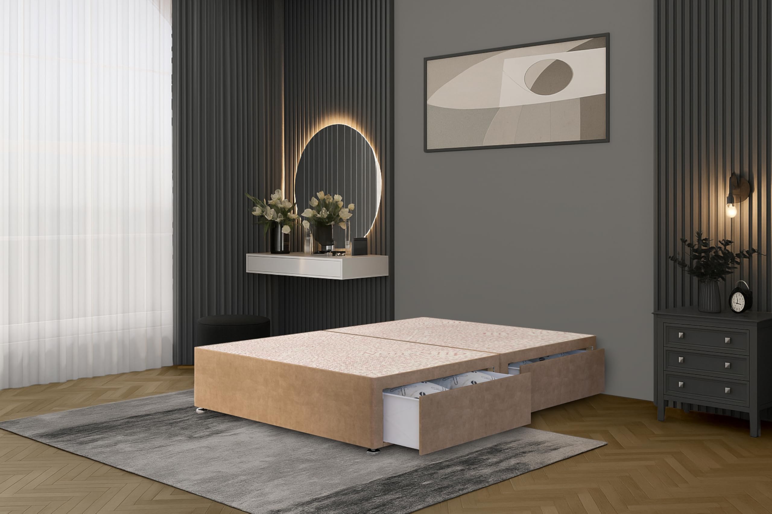 Bed Centre Flexby Divan Bed Base Only with 2 Drawers (Same Side), No Headboard - Available in 3FT, 4FT, 5FT & 6FT (4FT6 Double, Plush Beige Fabric) — image 1