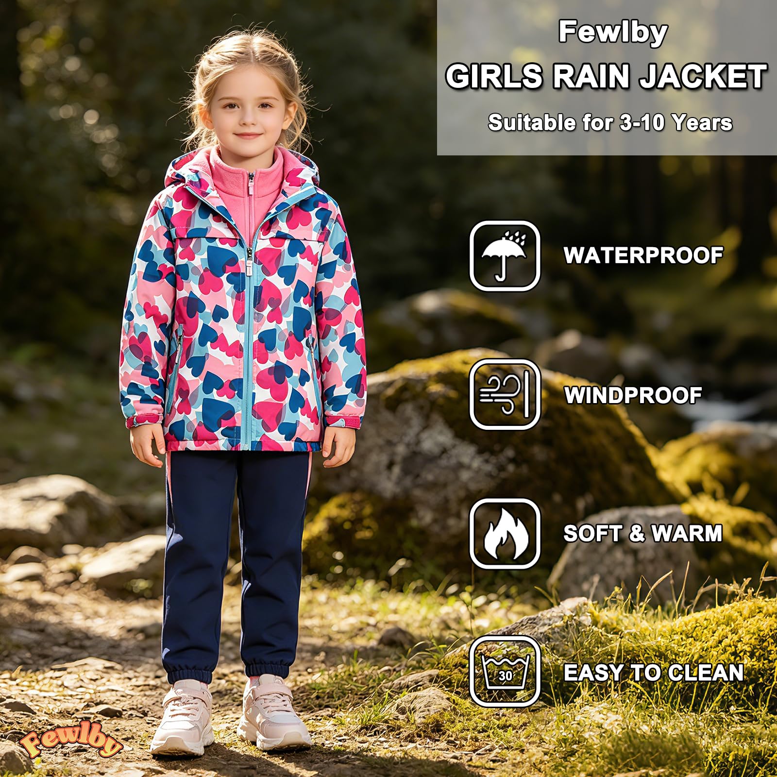 Fewlby Giacca Impermeabile con Cappuccio, Bambini Giacca a Vento Impermeabile con Cappuccio Cappotto Foderato in Pile Ragazze Capispalla, 9-10 Anni