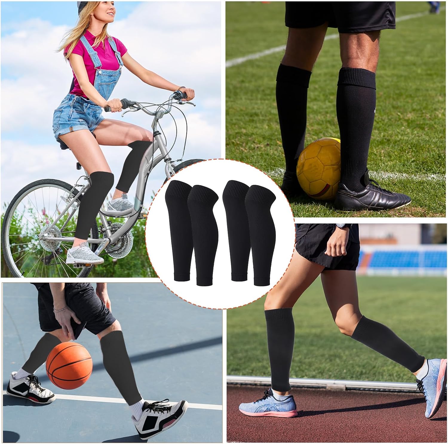 Xthrotsenk 2 Pairs Precut Soccer Socks Soccer Leg Sleeves Football Leg Sleeves Matching Grip Socks Shin Guard Sleeve for Football Training Adult (Black)