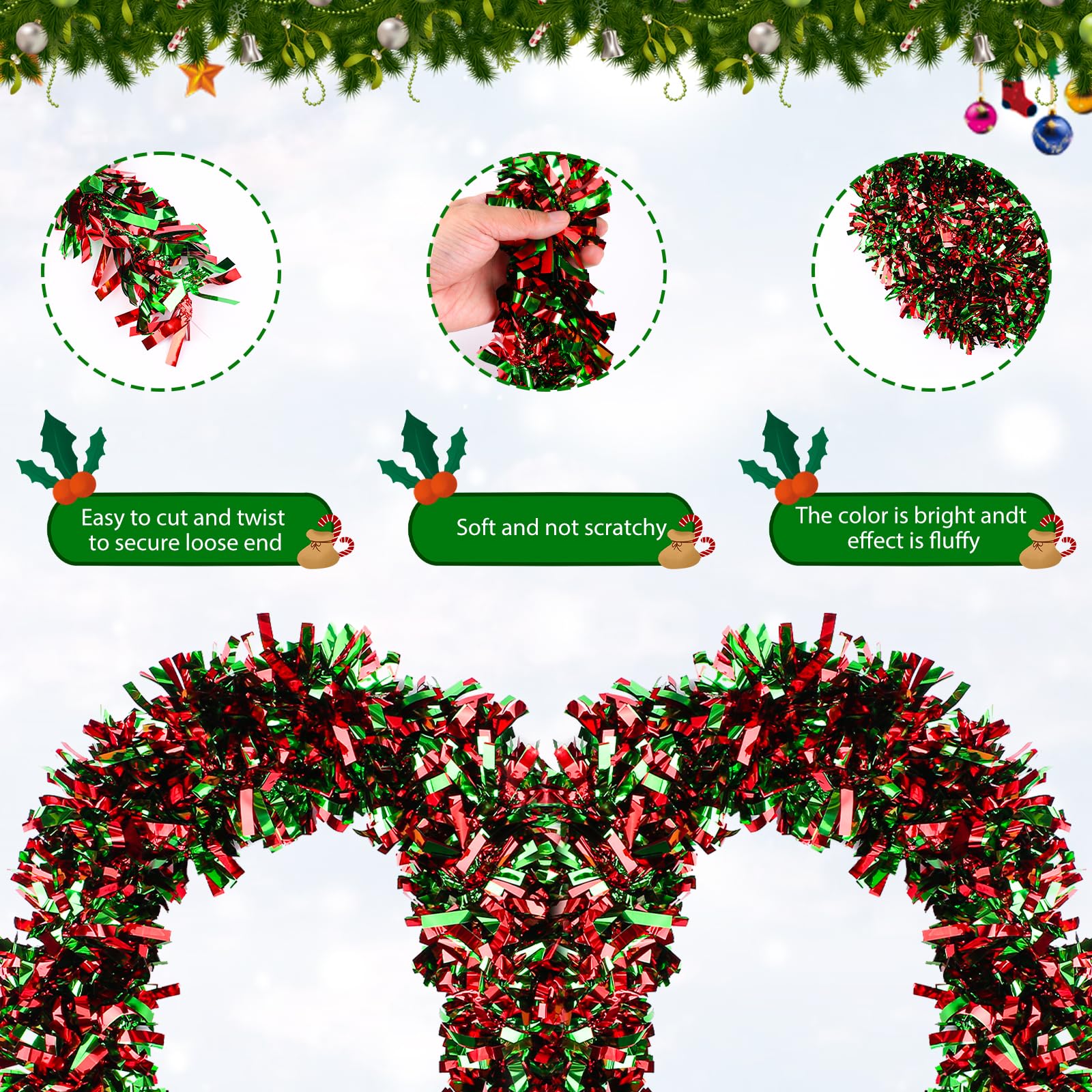 33FT Christmas Tinsel Garland Metallic Tinsel Twist Garland Glitter ...