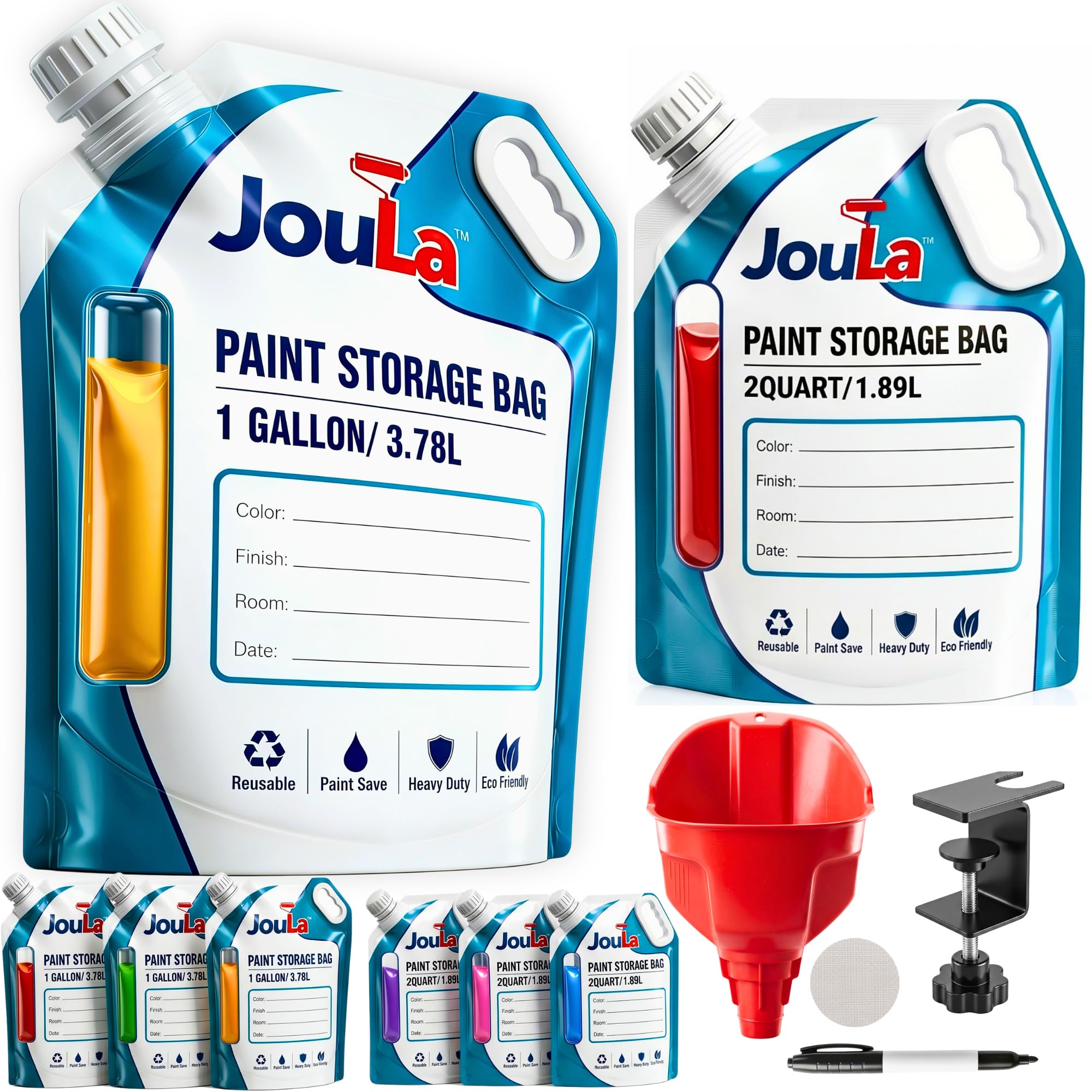 Paint Storage Bags 8 Pack, Reusable Paint Saver Bags, 4 x 1 Gallon &amp; 4 x 2 Quart, Leak-Resistant with Funnel, Filter, Clamp Holder &amp; Marker Pen