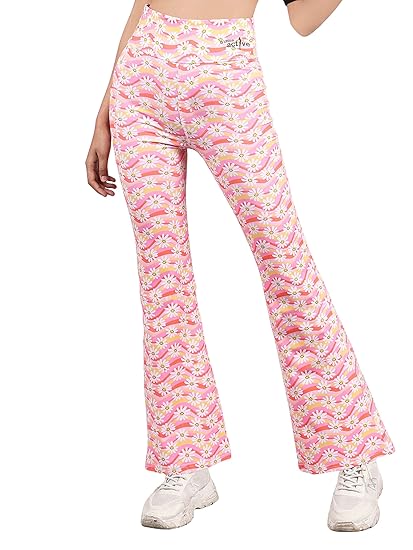 DChica High Waist Printed Flared Leggings with Pockets for Girls, Stretchable Ankle Length Palazzo Trouser Pants, Bell Bottom Trousers for Women, Activewear Leggings for Yoga, Zumba & Cardio
