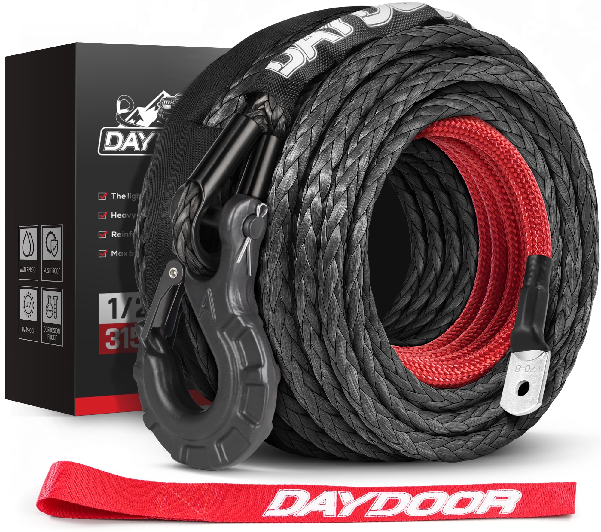 DAYDOOR Cuerda de cabrestante sintética de 1/2 pulgadas x 90 pies, kit de cable de cabrestante de 32 libras, repuesto de línea de cabrestante con funda protectora y gancho forjado resistente para