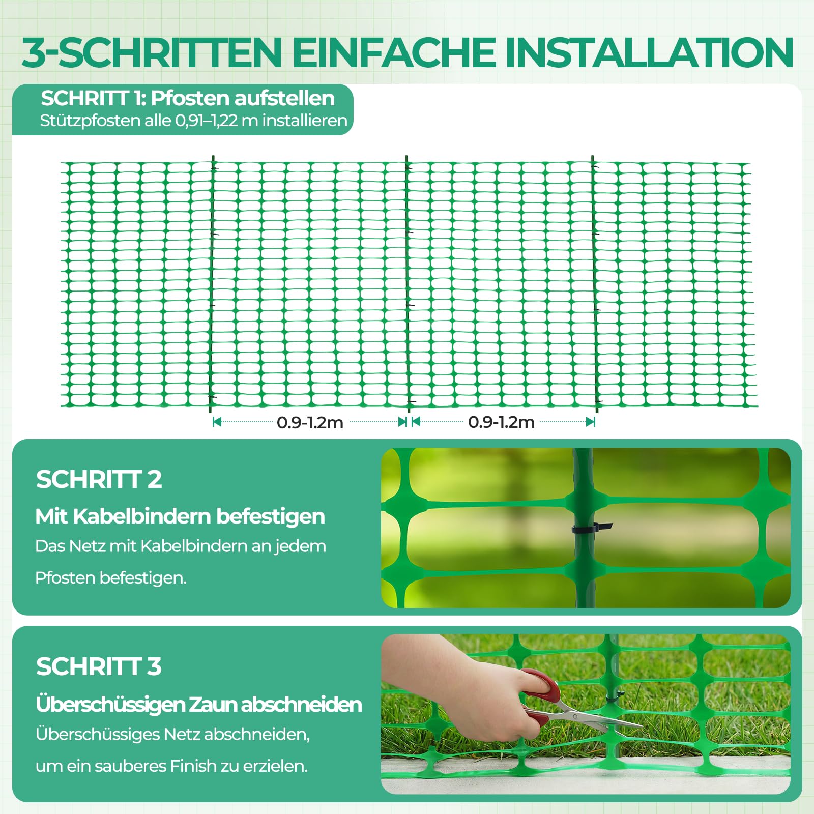 Ohuhu Set di barriera da giardino, 1 m x 30 m, rotolo di recinzione in plastica con 25 pali da 1,15 m, rete di sicurezza temporanea, riutilizzabile, per piscine, recinzioni da neve, pollame