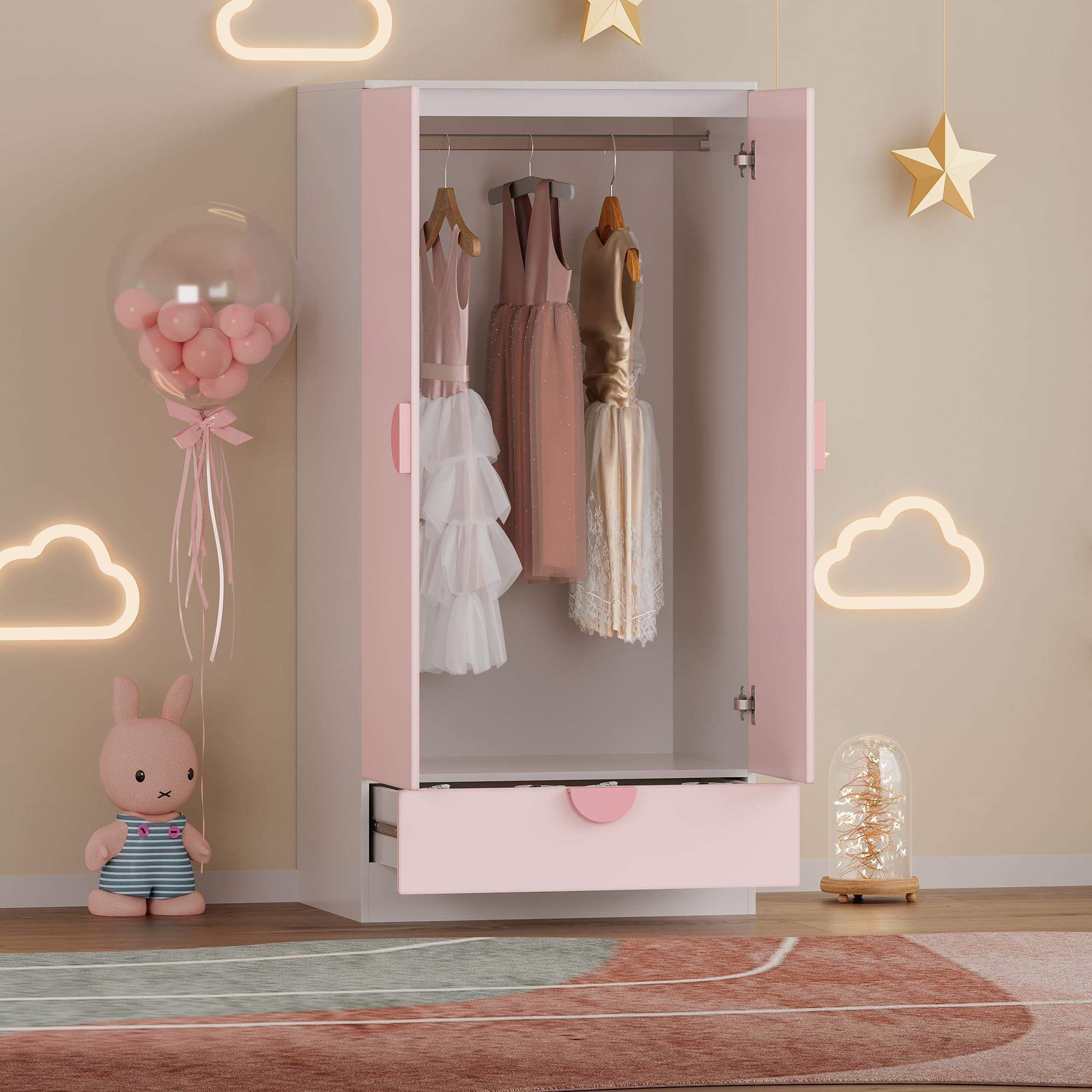 Armario Ropero Infantil Sandnes 2 Puertas con Cajón y Barra 123x60x40 cm Blanco/Rosa