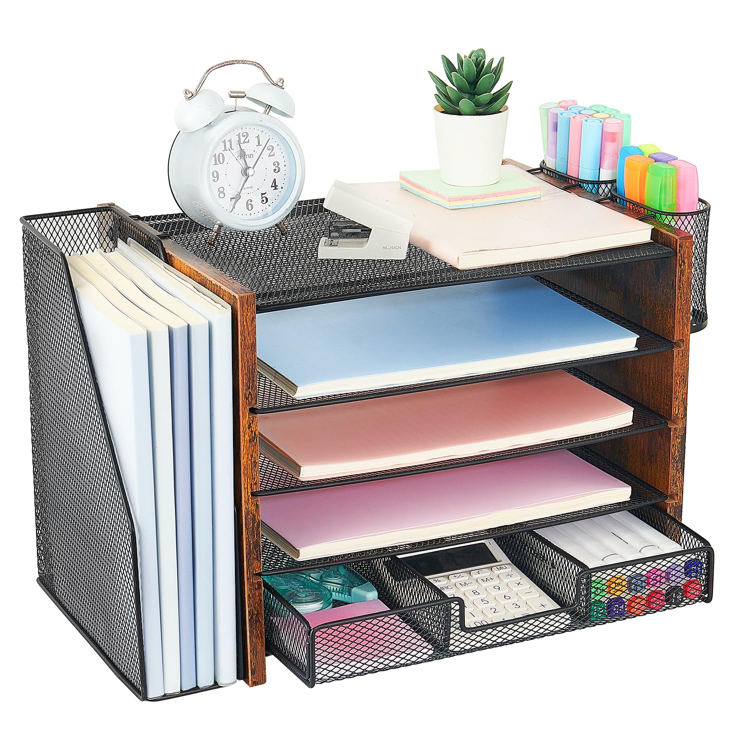 Wood Desk Organizers and Accessories with File Organizer, 5-Tier Paper Organizer with Drawer & Pen Holder, Office Desk Accessories, Workspace Desktop Storage for Office Supplies Organization(Brown)