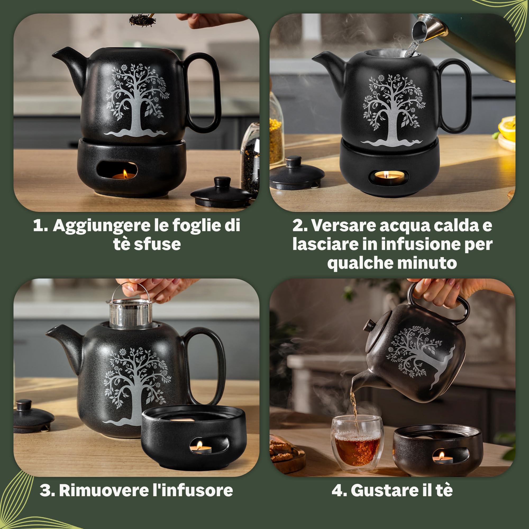 YC Yang Chai YC TREE - Teiera con fornelletto, in ceramica nera opaca, 1,3 l, teiera con filtro – antigoccia e resistente al calore – teiera in ceramica fatta a mano – calore duraturo