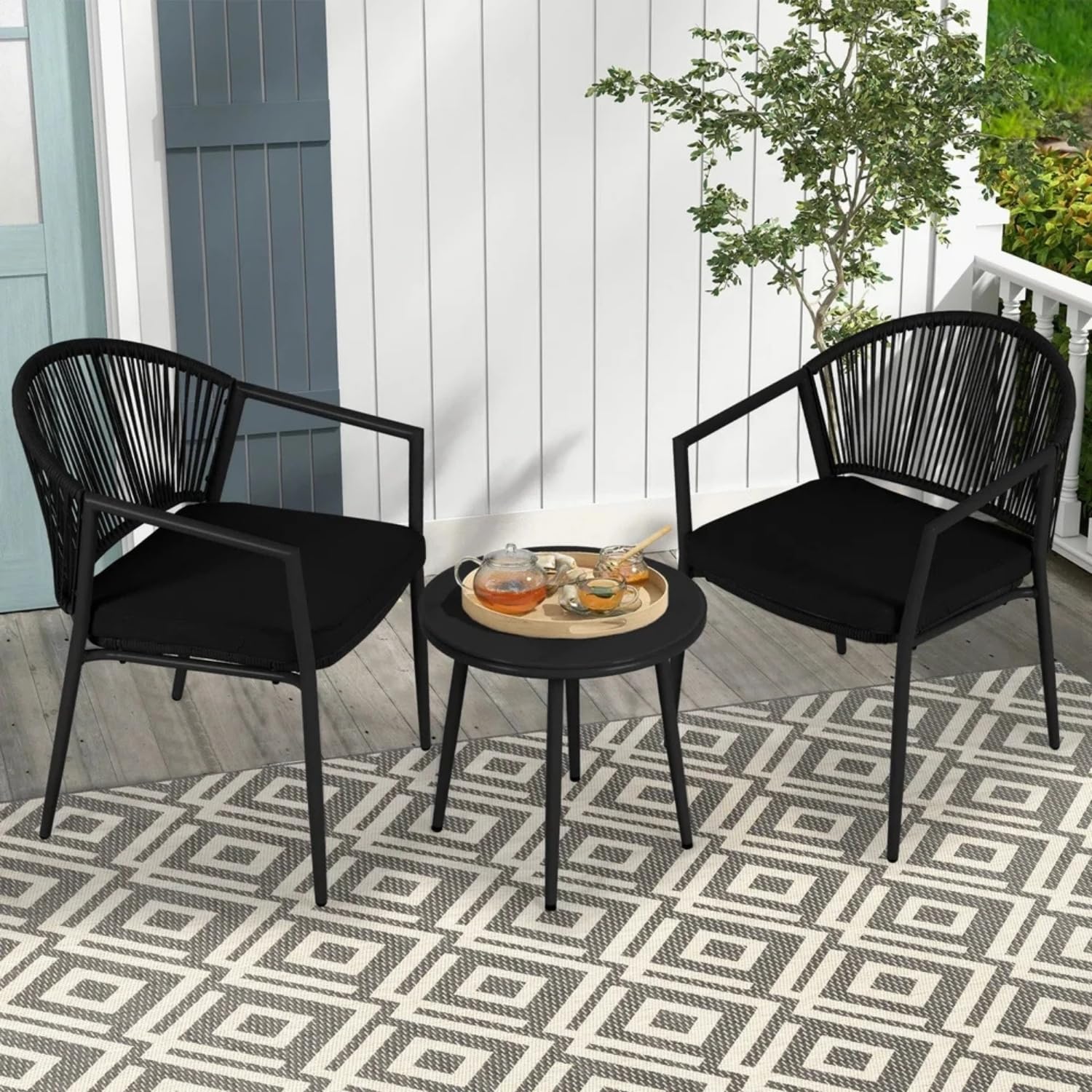DEVOKO 3 Piece Rope Patio Bistro Outdoor Conversation Furniture Set with Glass Top Table for Garden, Deck, Balcony (Black)