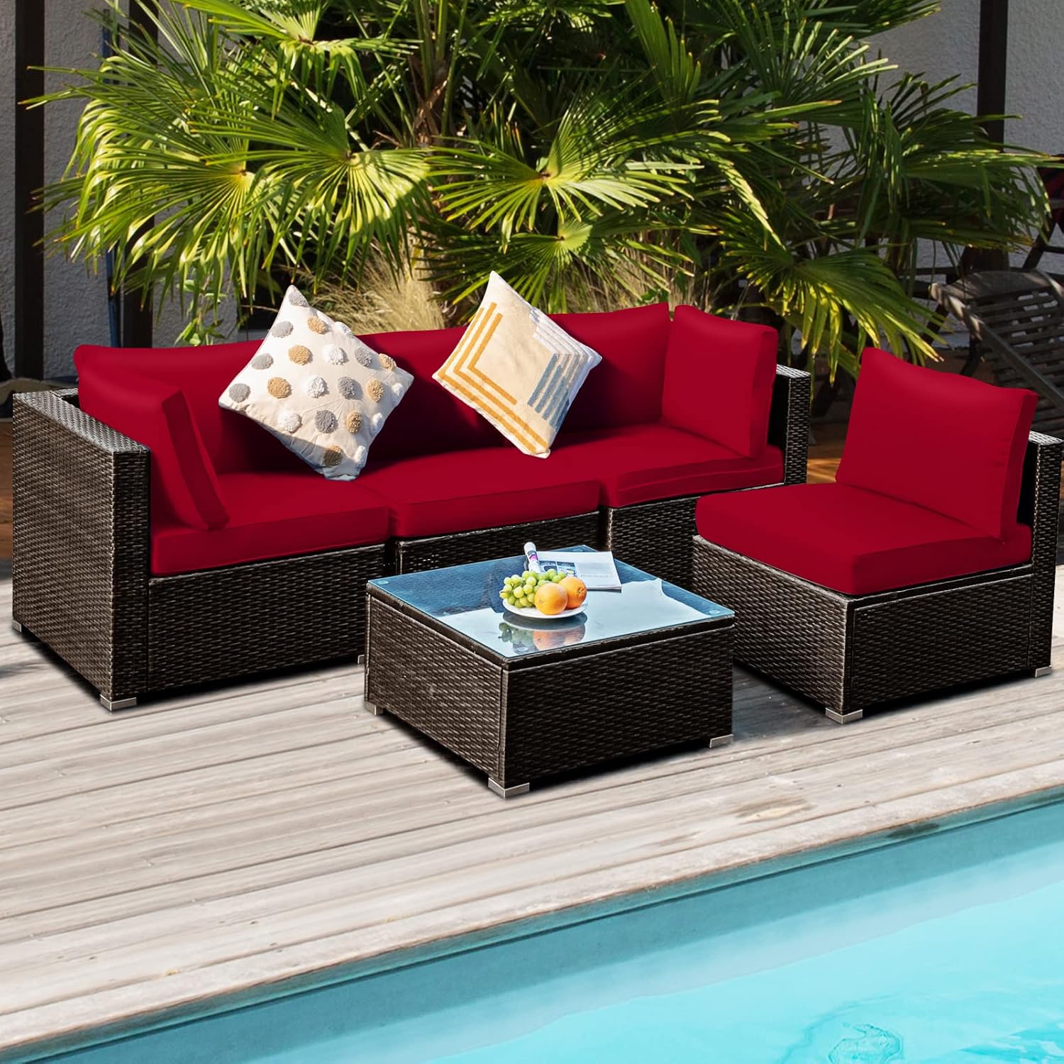HAPPYGRILL 5-Piece Patio Furniture Set Outdoor Rattan Wicker Sofa Set with Coffee Table Sectional Sofa Conversation Set with Pillows Cushions for Backyard Porch Garden Poolside
