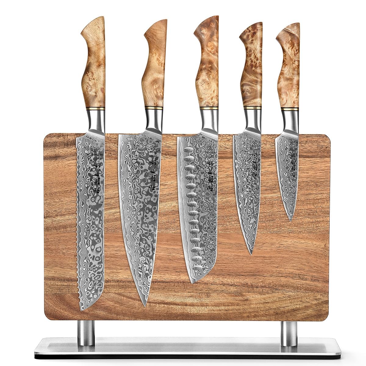 Bloque de cuchillos magnético HEZHEN con juego de cuchillos de cocina de Damasco