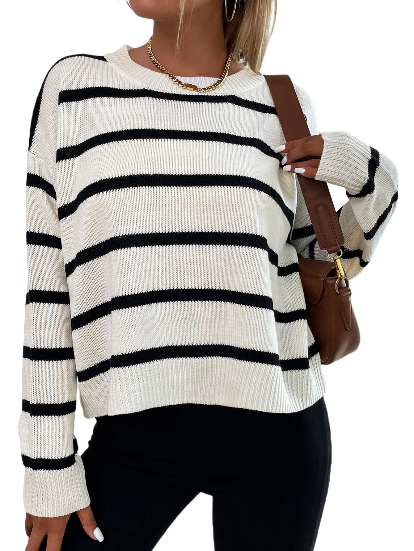 GORGLITTER Women's Striped Drop Shoulder Sweater Oversized Crew Neck Knit Sweaters Pullover Top