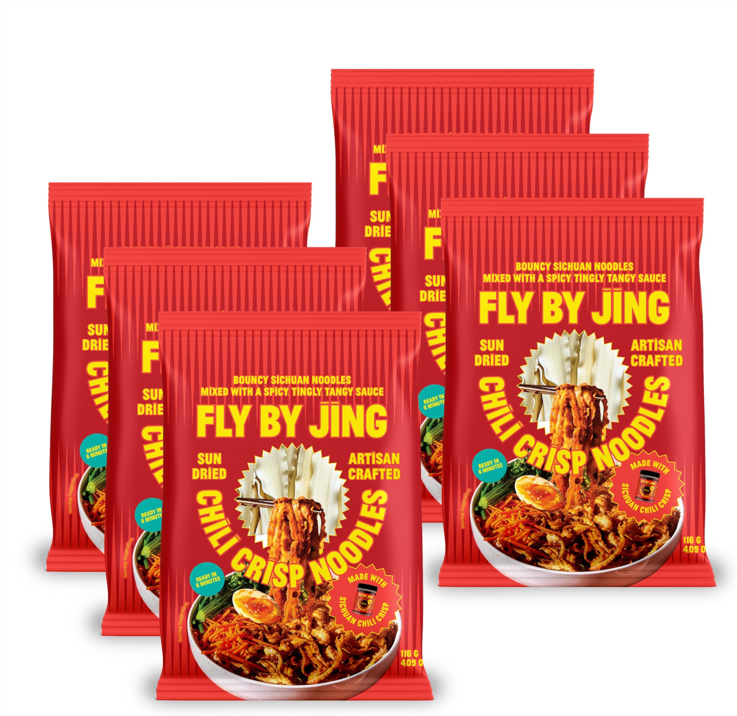 FLYBYJING Chili Crisp Noodles - Sun-Dried Asian Instant Noodles with Sichuan Chili Crisp Sauce - Ready in 6 Minutes - Premium Non-Fried Vegan Noodle, 12g Protein, Non-GMO (Pack of 6)
