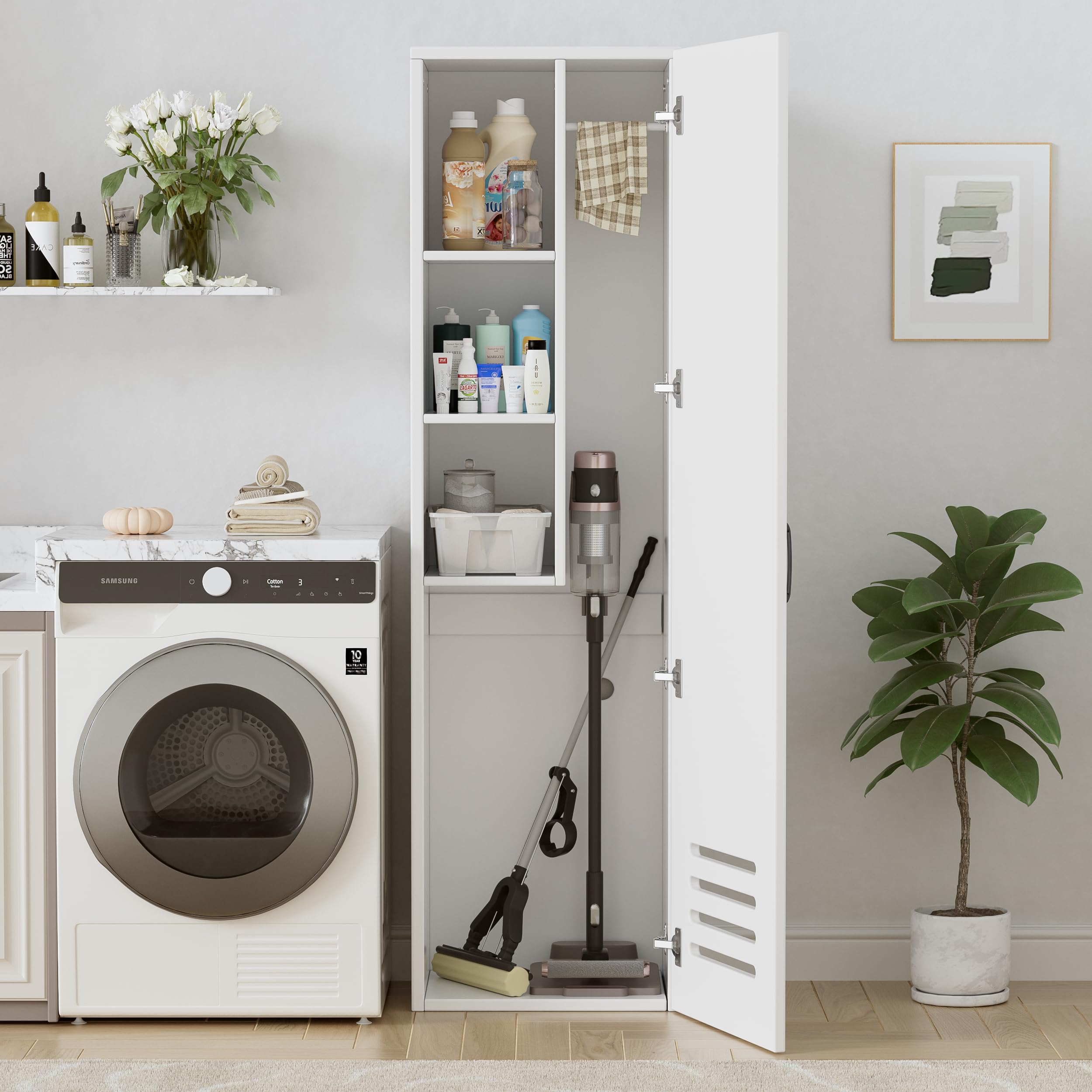 Armadietto per Scopa e Paletta,Armadio Multiuso per Scope, Pratico Armadio per Aspirapolvere con Ripiani e Asta, Ventilazione,Armadietto per la Pulizia in Legno,Mobile Porta Scope,160*40*30cm,Bianco