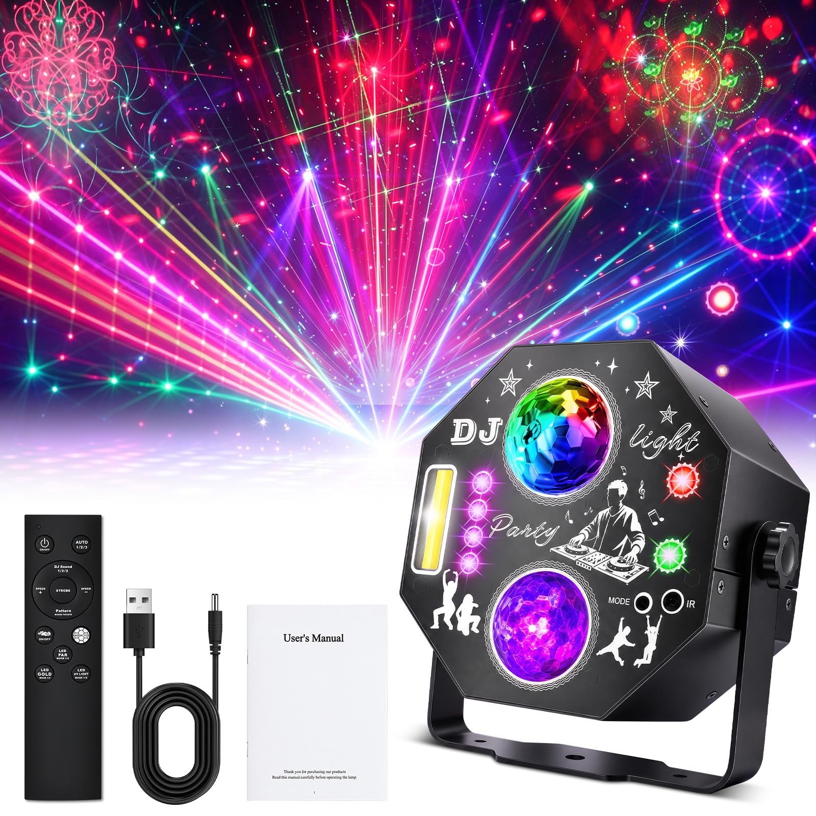 7-in-1 Discokugel, Discolicht Partylicht, 96 Muster & UV-Stroboskop