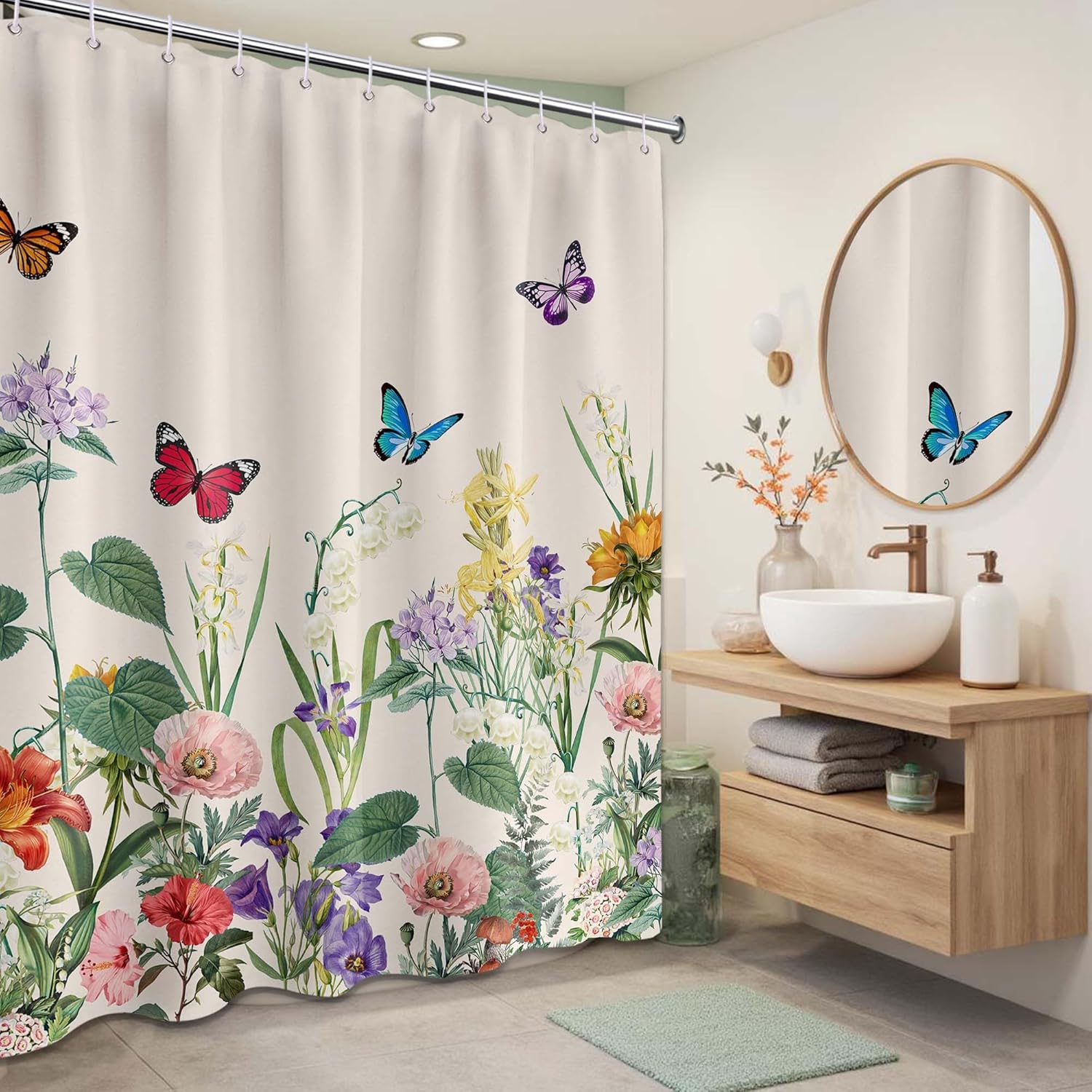 Floral Butterfly Shower Curtain, Wildflower Shower Curtains for Bathroom Decor, Waterproof Cloth Fabric with Hooks, Bathroom Curtain, 70×78 inch