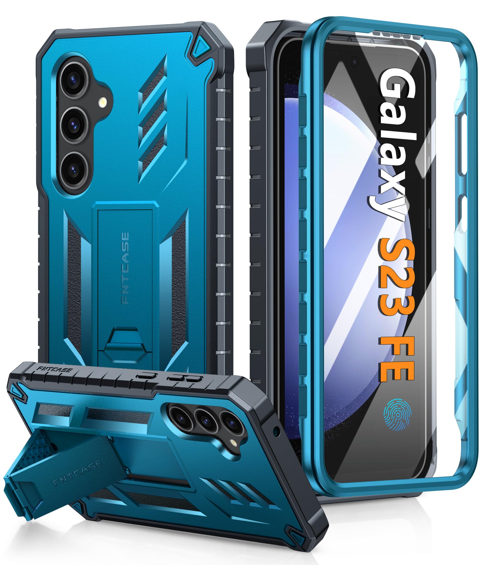 FNTCASE for Samsung Galaxy S23-FE Case: Military Grade Protective Hard Phone Case with Kickstand | Screen Protector | Shockproof TPU Full Protection Drop Proof Phone Cover for Galaxy S23 FE 5G Blue