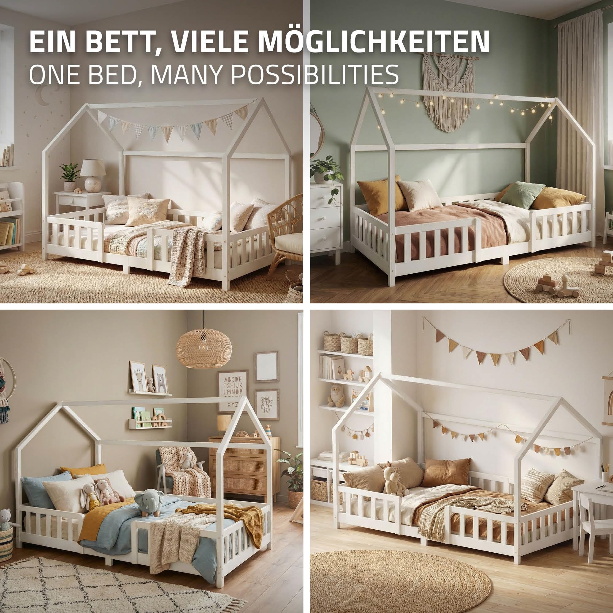 ML-Design Letto a Casetta per Bambini 120x200 cm Una Piazza e Mezza con Protezione Anticaduta, Tetto e Rete a Doghe, Bianco, Letto Montessori a Terra in Legno Massello di Pino, per Cameretta
