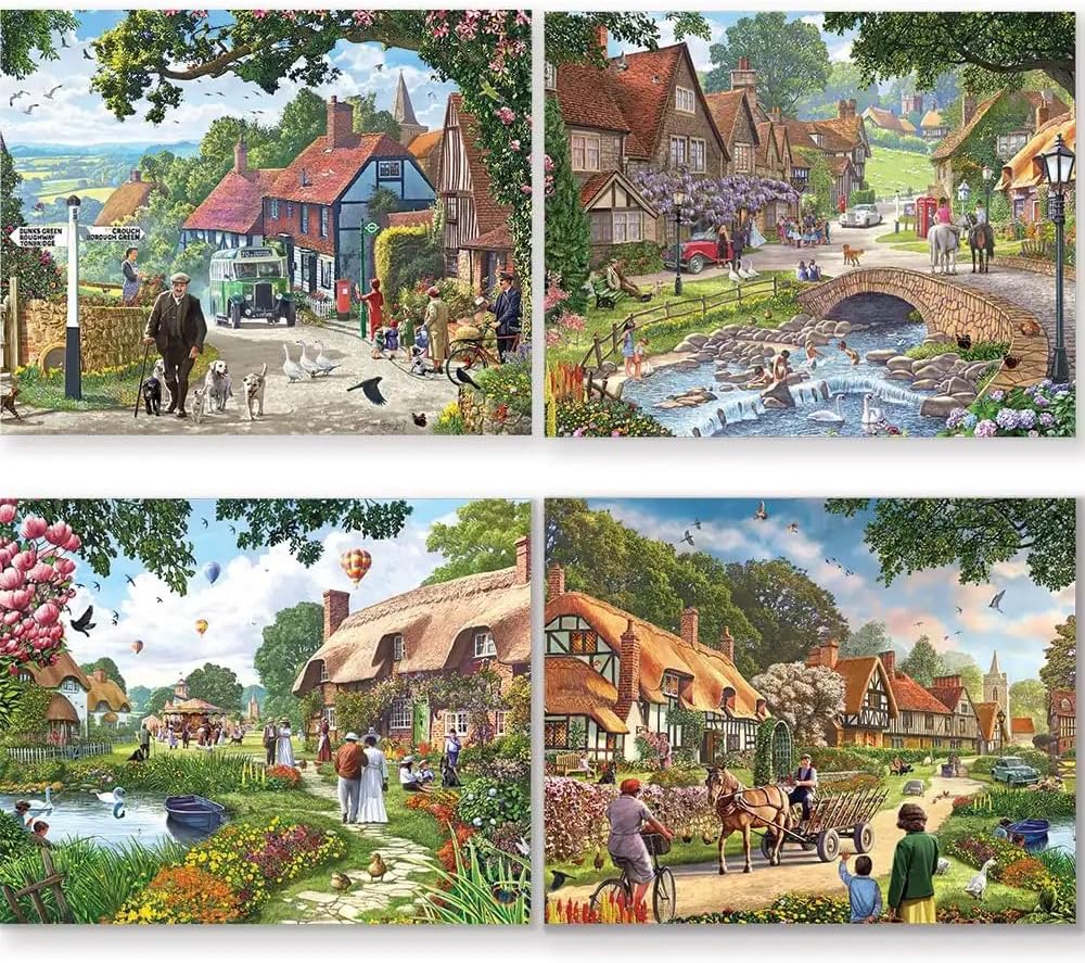 Bits and Pieces – 4-in-1 Multi-Pack 1000 Piece Jigsaw Puzzles for Adults – Village Life by Artist Steve Crisp, Completed Puzzle Size: 20" x 27"