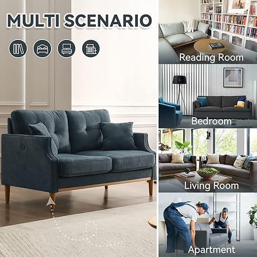 Miniatura 8 de Sofá biplaza de tela impermeable de 56.7 pulgadas con 2 almohadas, sofá de 2 asientos con puerto USB y sofá azul oscuro con cojín de grosor