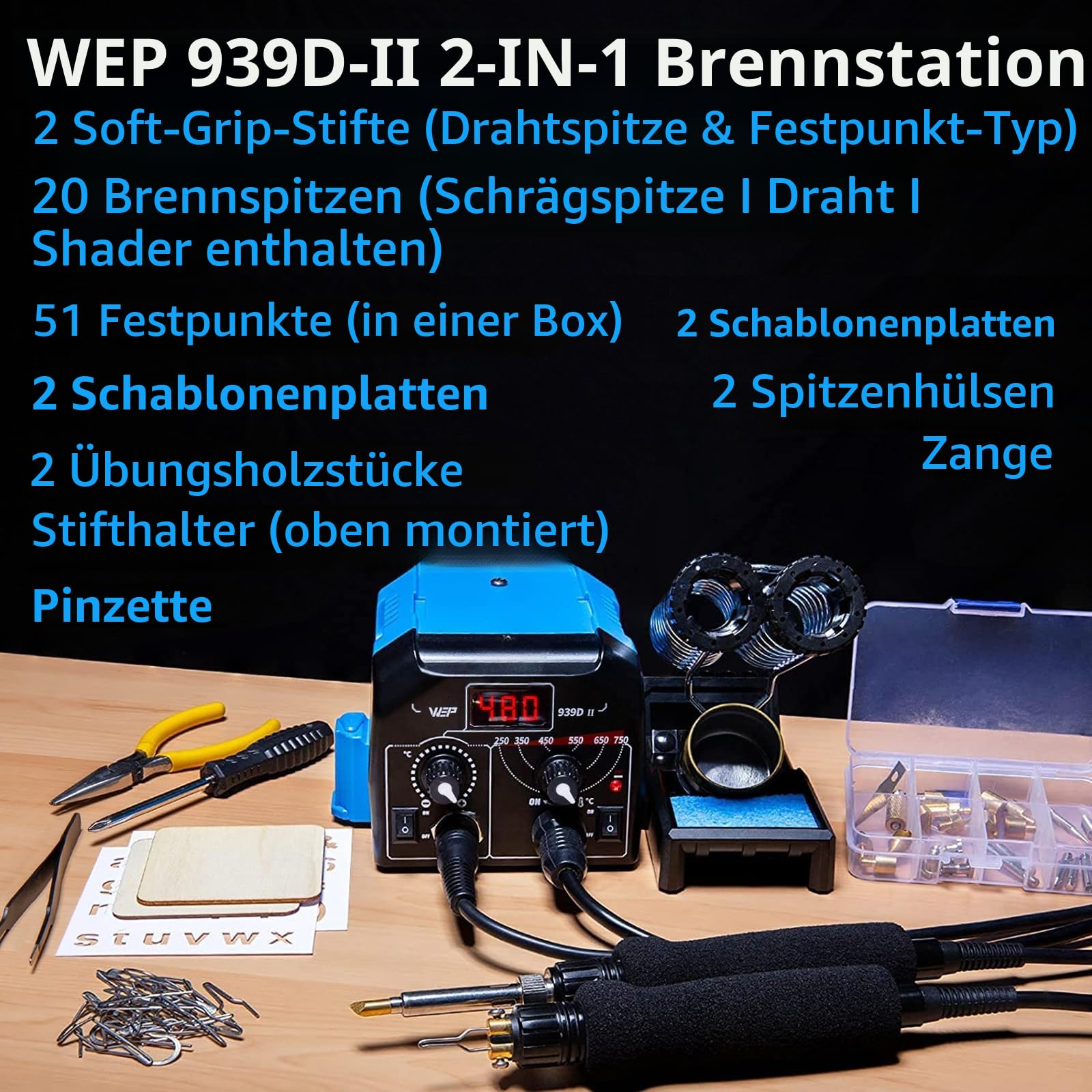 WEP 939D-II 2-in-1 Brandmalkolben Set 86-teilig – Brandmalerei Set mit 51 festen Spitzen & 23 Drahtspitzen – Brennpeter für Holzgravur inkl. Schablonen, Holzbrennstift & Zubehör (EU-Stecker)