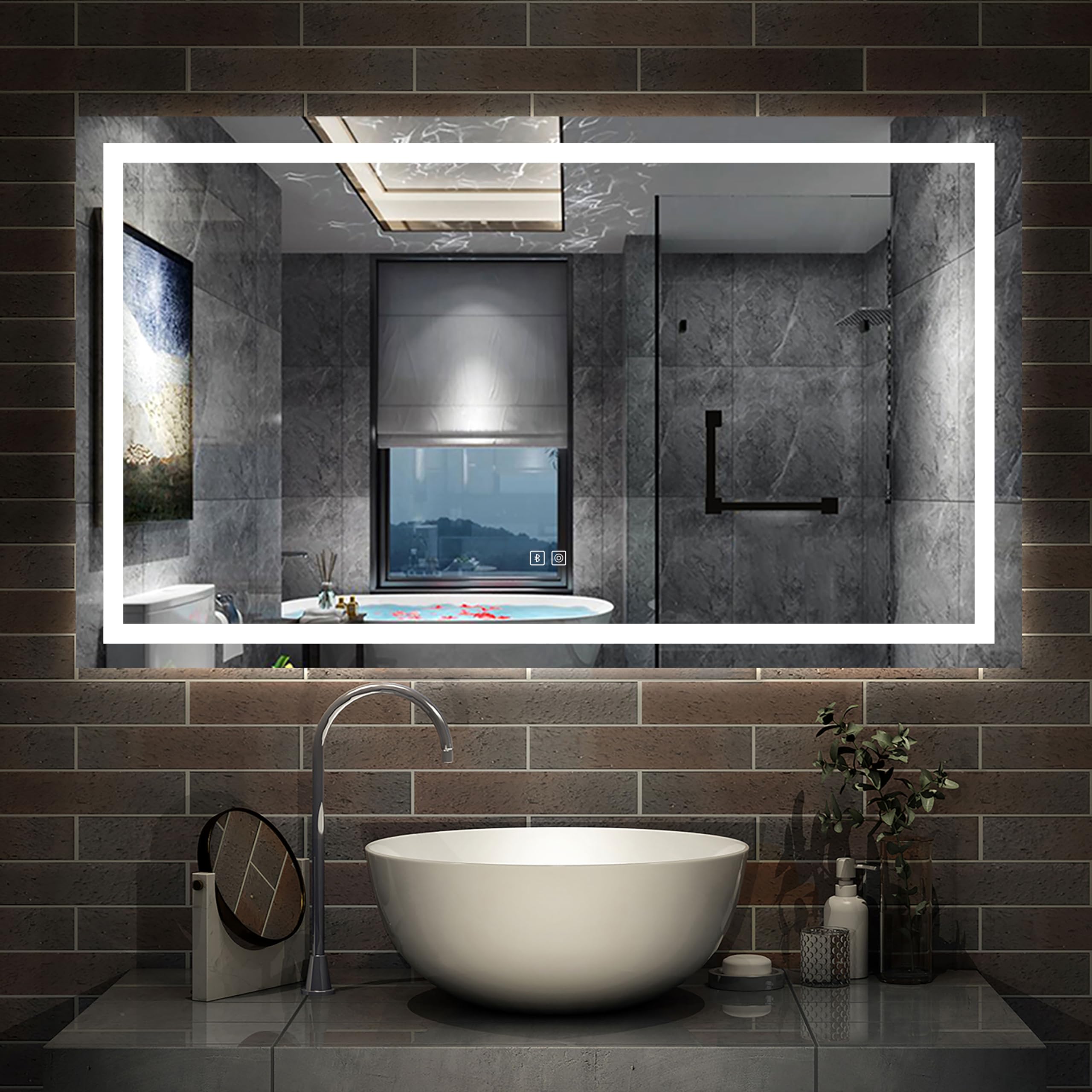 Acezanble Bluetooth Bathroom Mirror with 3 Colours LED Lights, Demister Pad, Vertically or Horizontally Wall Mounted, Wall Switch/Touch Switch 1000x600mm