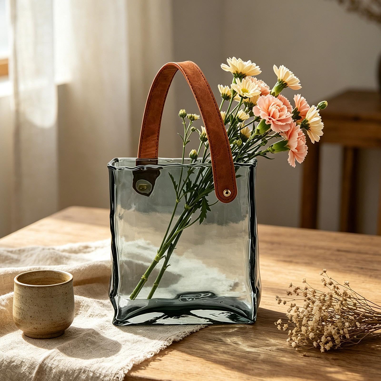 Taschenvase Dekorative Tischmitte Pflanzgefäß | Blumengesteck Niedliche Vase Glastasche für Wohndeko Schlafzimmer Wohnzimmer Büro Landhausstil Geburtstag Einweihung