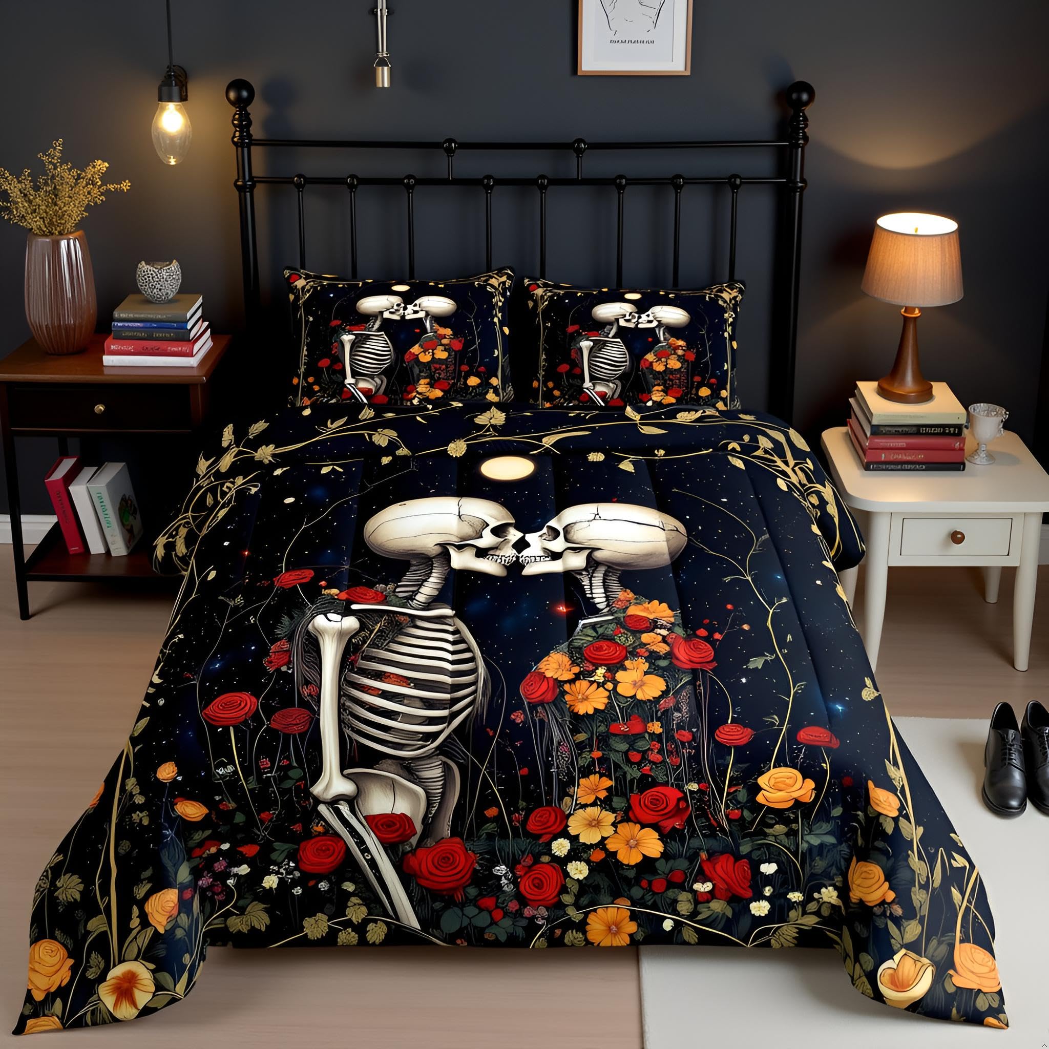 Parure de lit motif tête de mort et fleurs au design artistique de squelettes