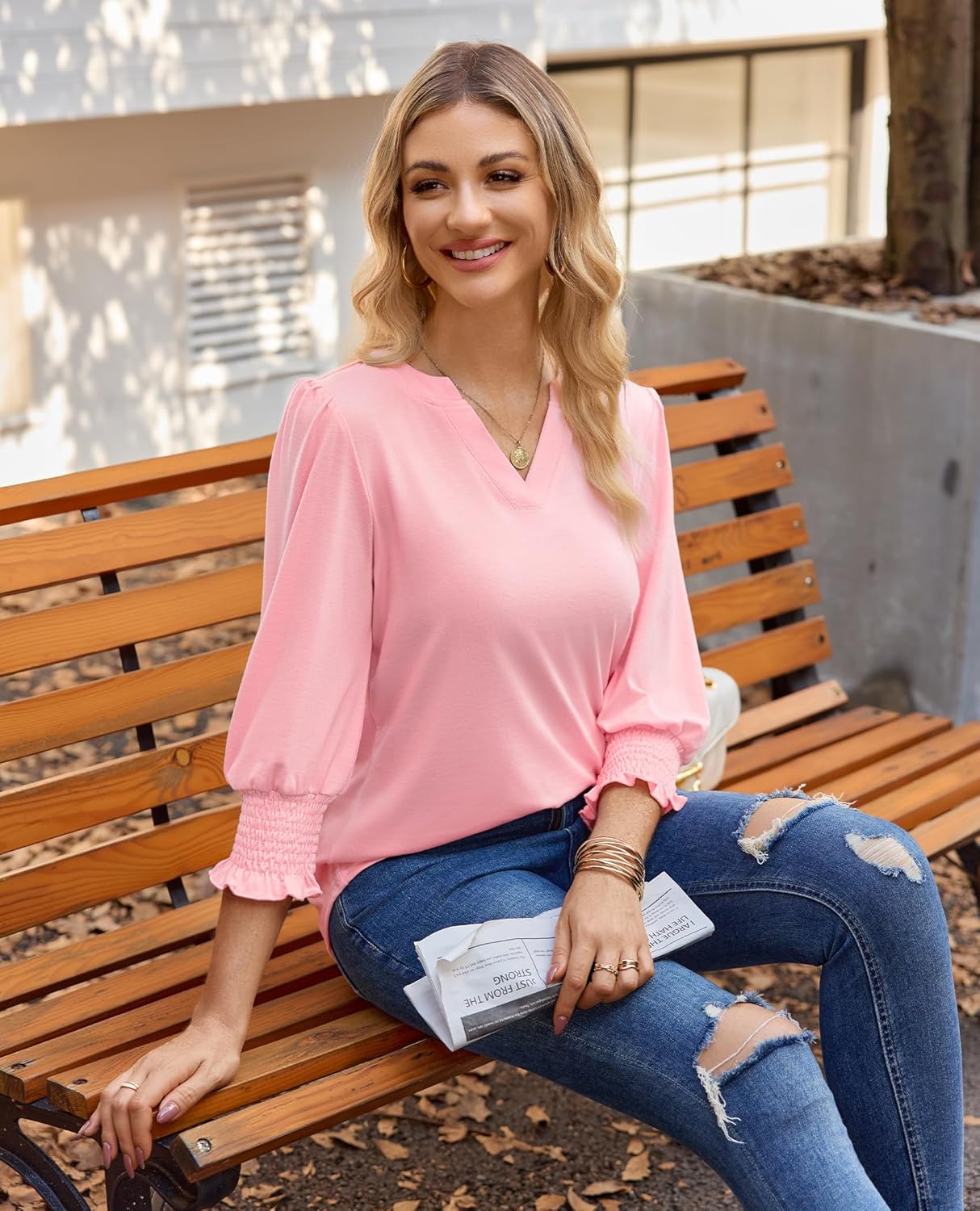 Tunic Tops for Women 3/4 Length Sleeve Womens Tops V Neck Blouses Shirts Dressy Casual with Smocked Cuffs - Image 3