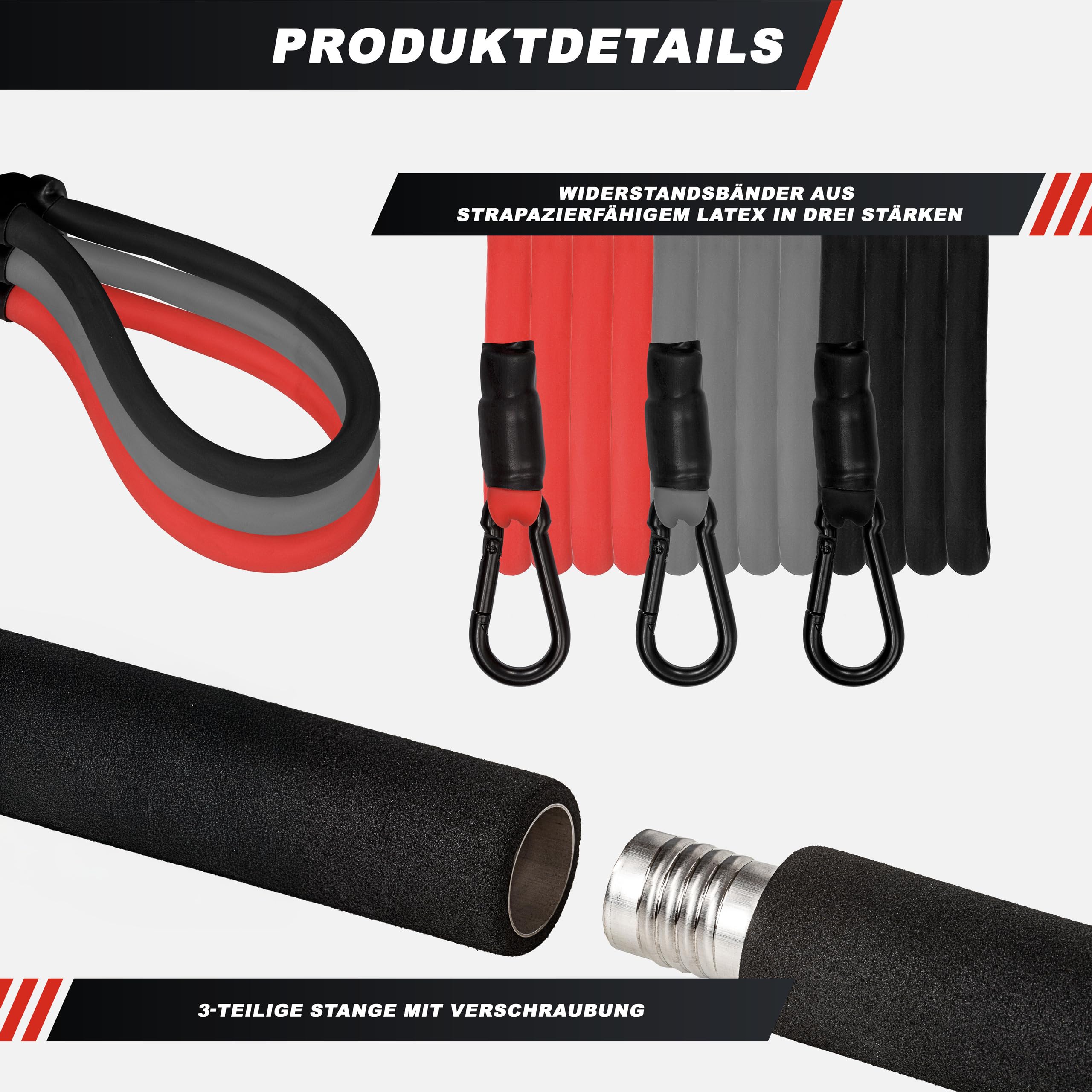 GORILLA SPORTS® Pilates Bar Set - mit Stange, Widerstandsbänder, Hand- und Fußschlaufe, Verstellbar - Smart Workout, Resistance Bands, Home Gym Equipment, Krafttraining, Fitness Zubehör