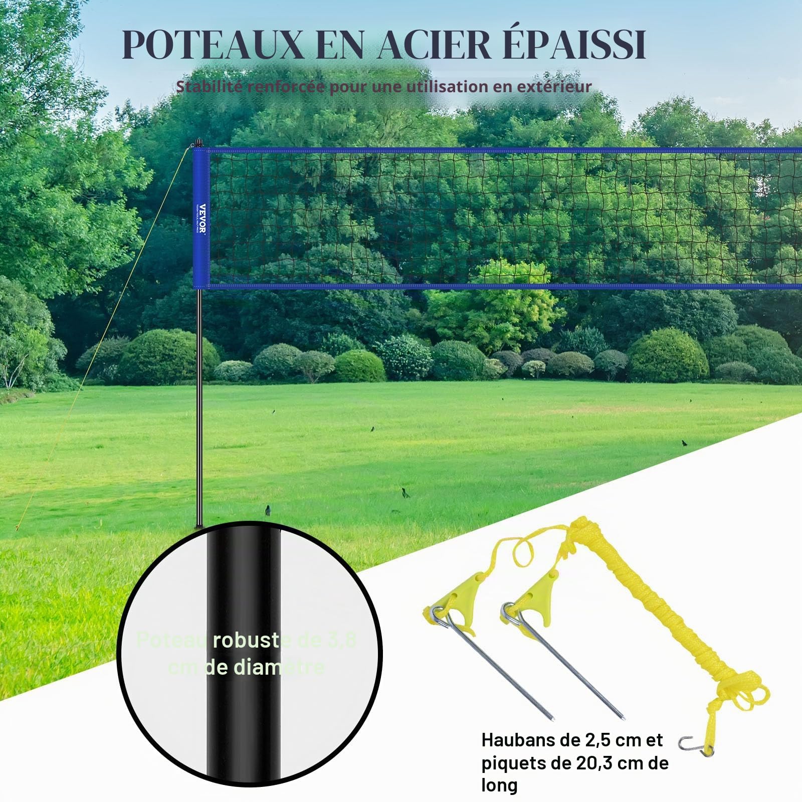 VEVOR Filet de Volley-Ball Portable d'Extérieur, Poteaux en Acier à Hauteur Réglable, Ensemble de Volley-Ball Professionnel avec Ballon de Volley en PVC, Pompe et Sac, pour Jardin, Plage, Pelouse