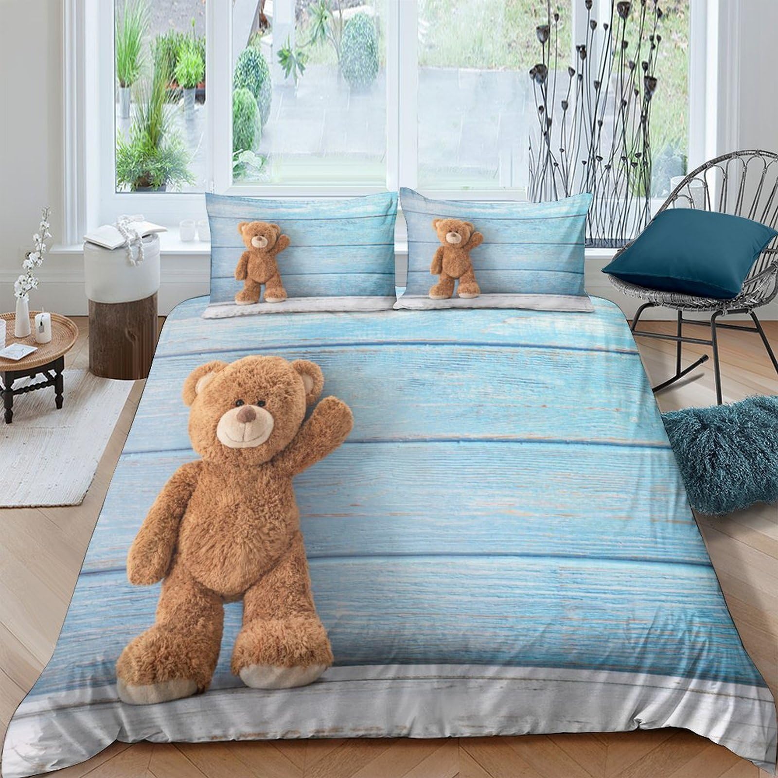 GPLZQXKJNH 3D Printed Teddy Bear Duvet Cover Set Microfiber Soft Blue Bedroom Decor Cute Plush Animal Bedding with 2 Pillowcases Single（135x200cm）