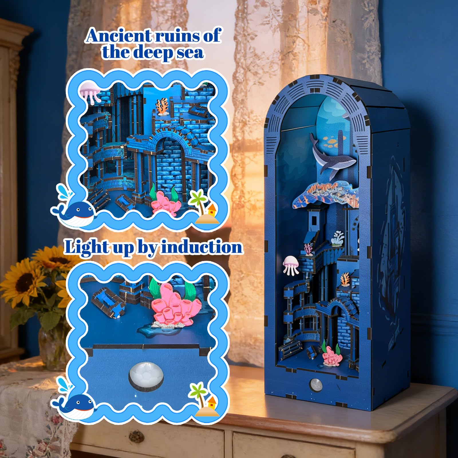 Music Park Kit Book Nook - Puzzle 3D in legno per adulti, città subacquea fai da te Atlantis con luce sensore, puzzle per adulti e kit di modelli in legno per adulti, regalo decorativo per libreria