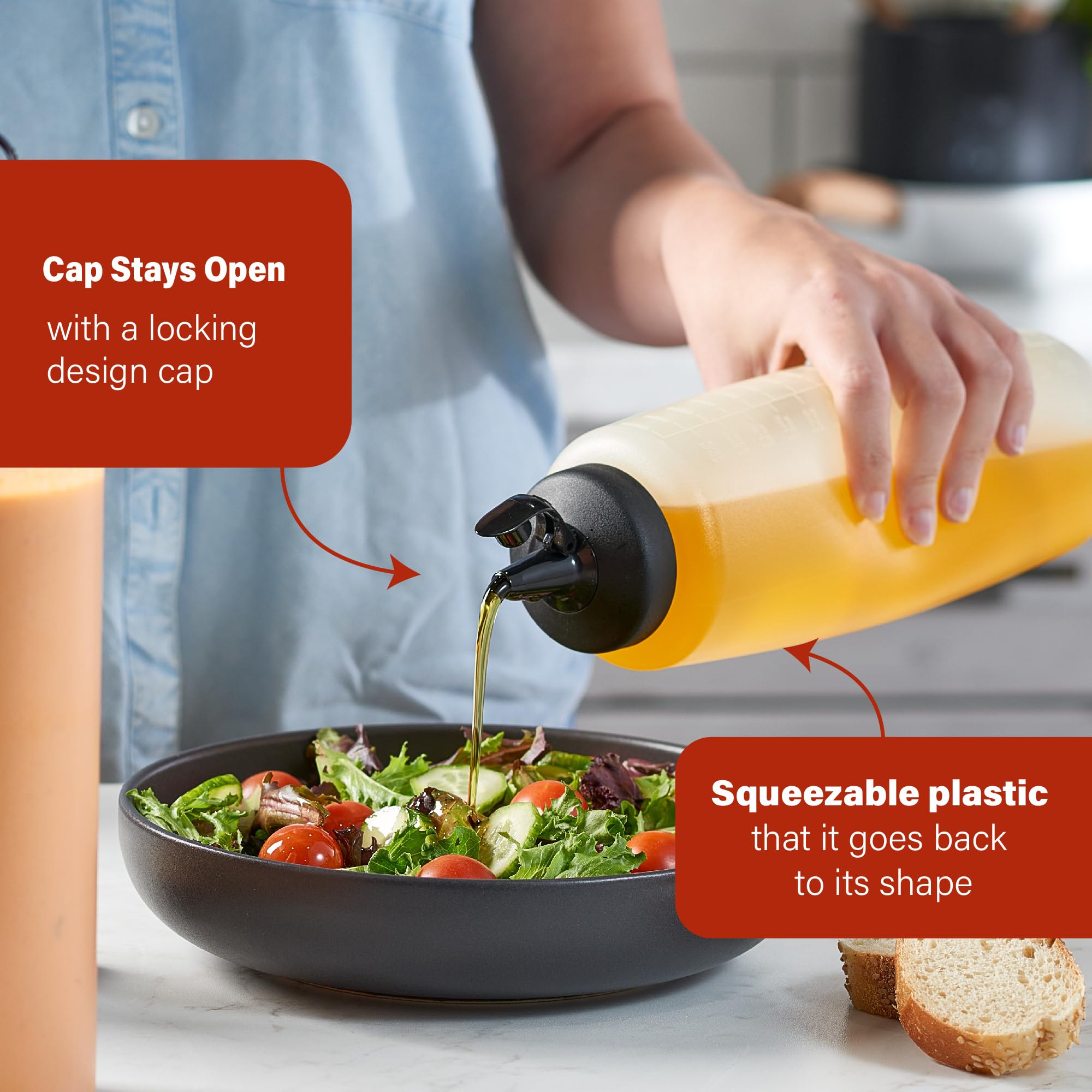 MIGHTY STRONG Paquete de 4 botellas exprimibles de condimentos de 32 onzas, botellas de salsa fáciles de verter con tapa a prueba de fugas, botellas de plástico para salsas, botellas de condimentos,