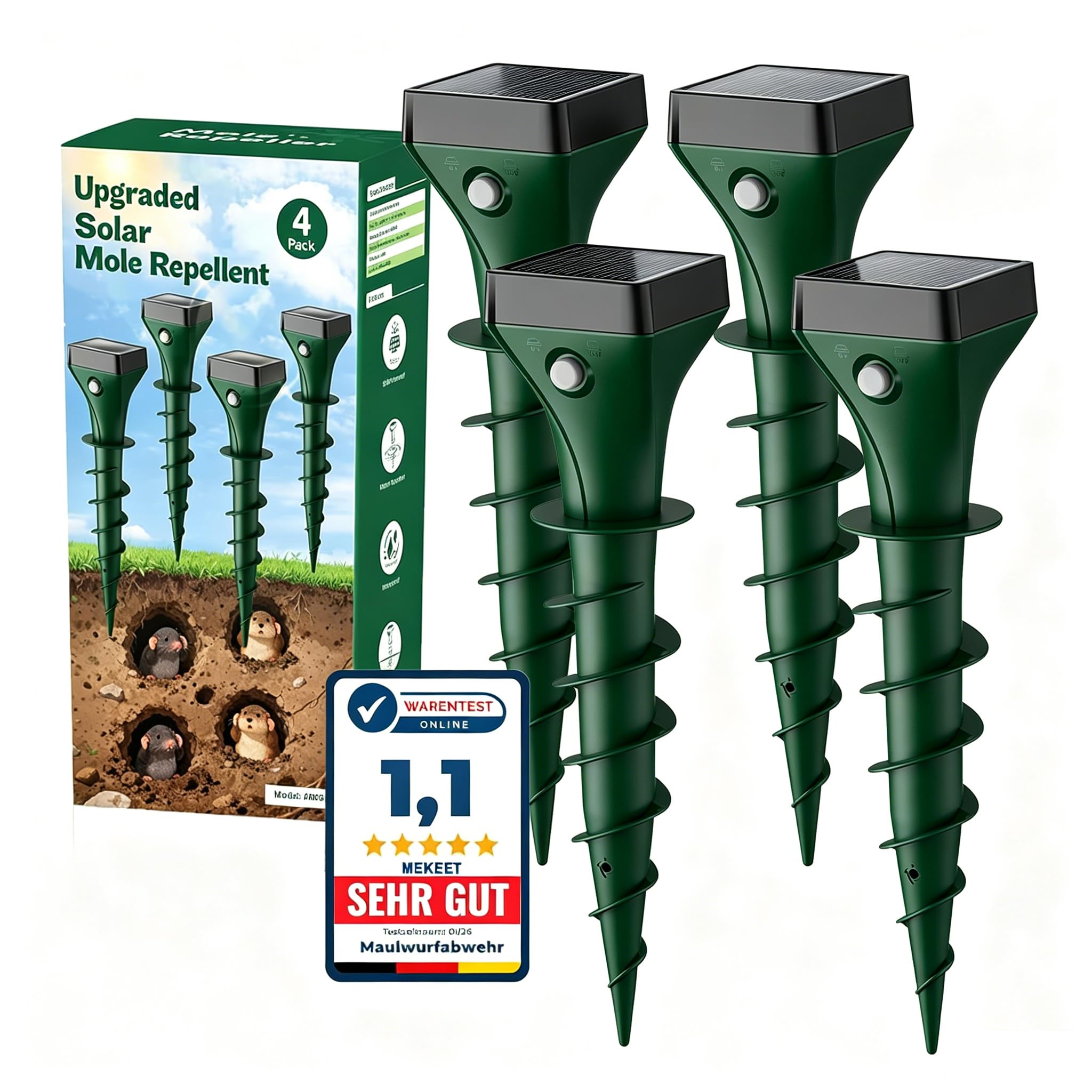 Maulwurf Vertreiber Solar 4er Set,Ultraschall und Vibrations Maulwurfschreck,gegen Wühlmäuse Maulwurf Marder Schlangen,IP65 Wasserdicht für Garten, Rasen und Beete