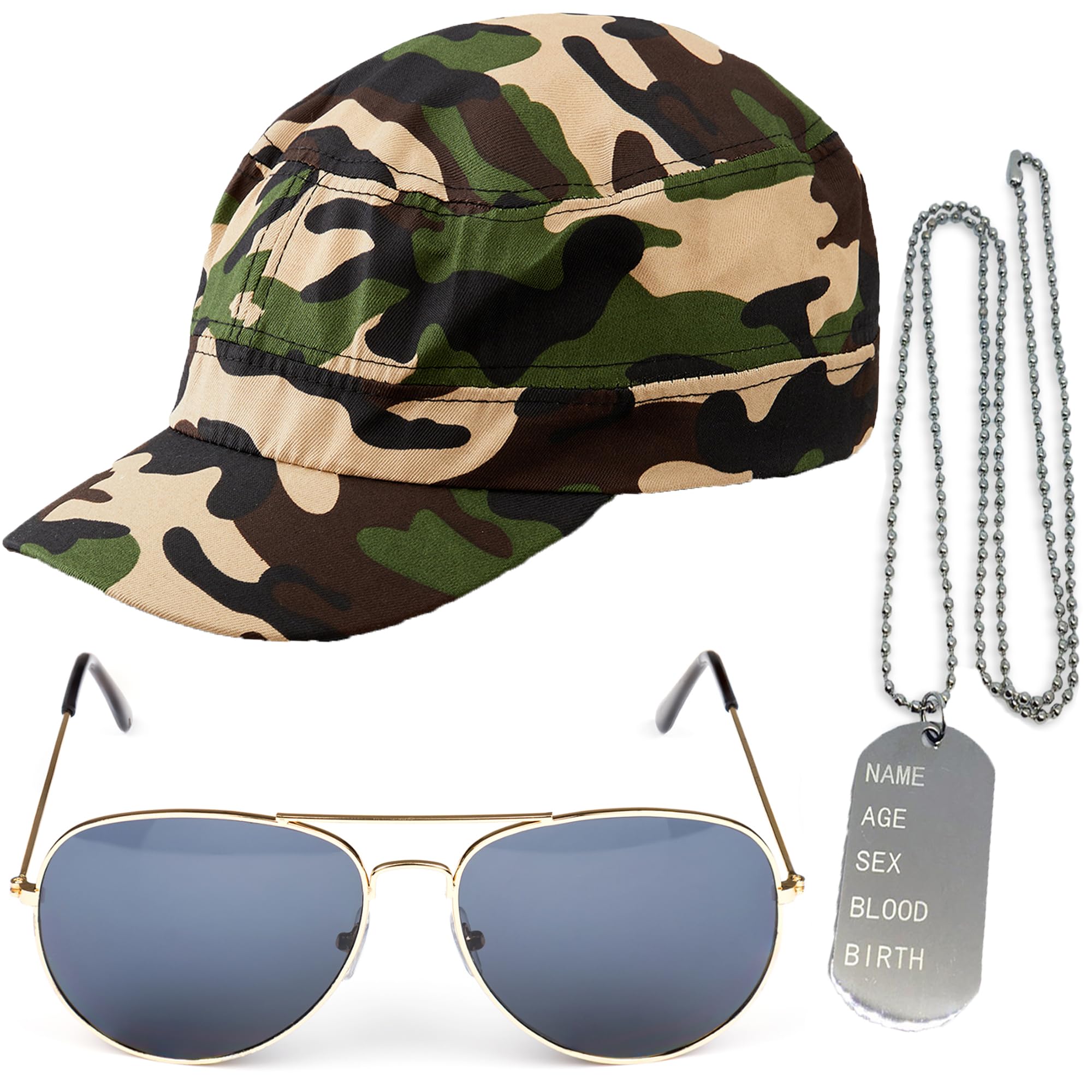 REDSTAR FANCY DRESS Instant Army Set - Camouflage HAT Dog Tags Gold Aviators Mens Ladies Unisex