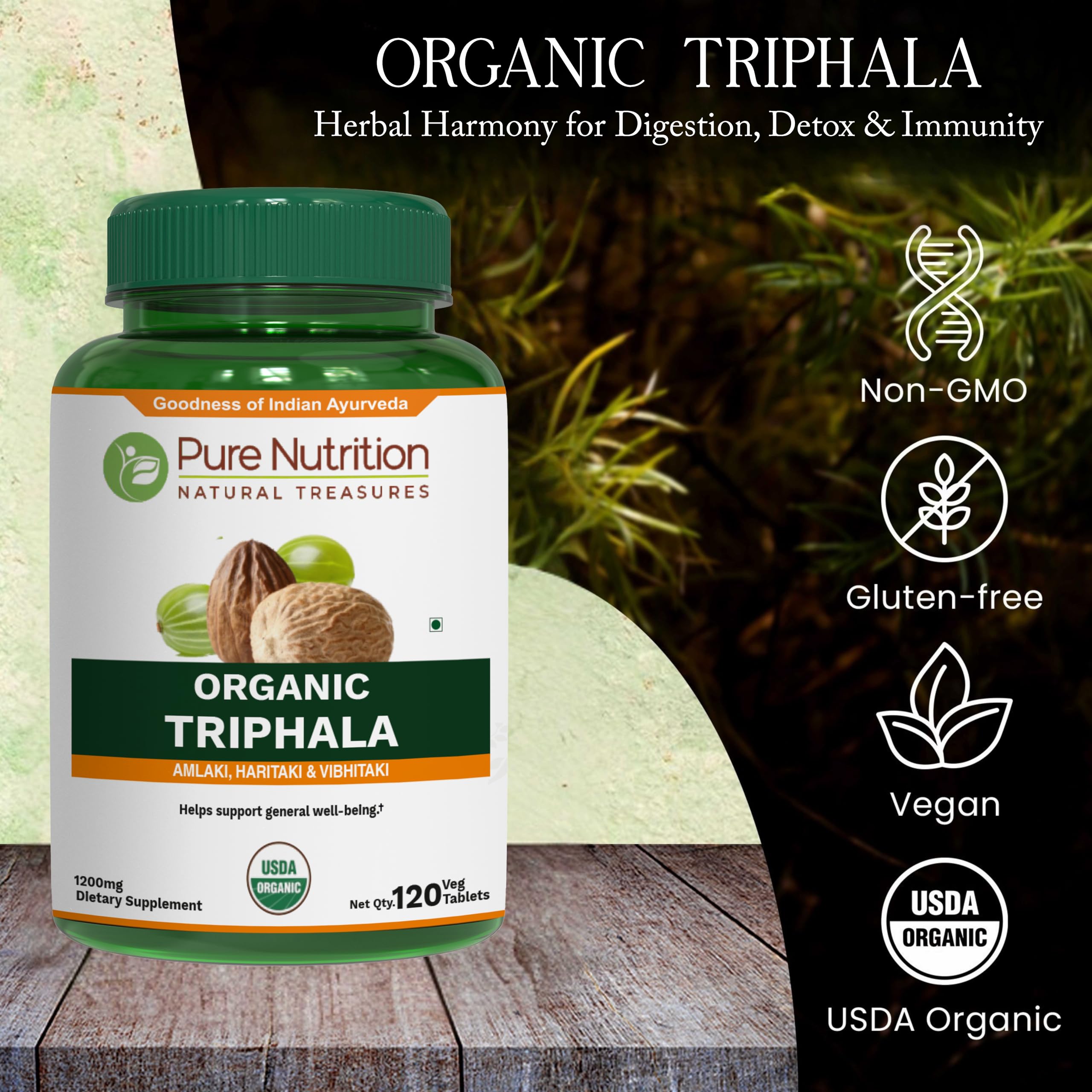 Pure Nutrition Organic Triphala Tablet - 1200mg | 120 Count | USDA Organic | Powerful Blend of Amlaki + Haritaki + Bibhitaki to Support Healthy Digestion | Non-GMO | Gluten-Free — Amazon image 2