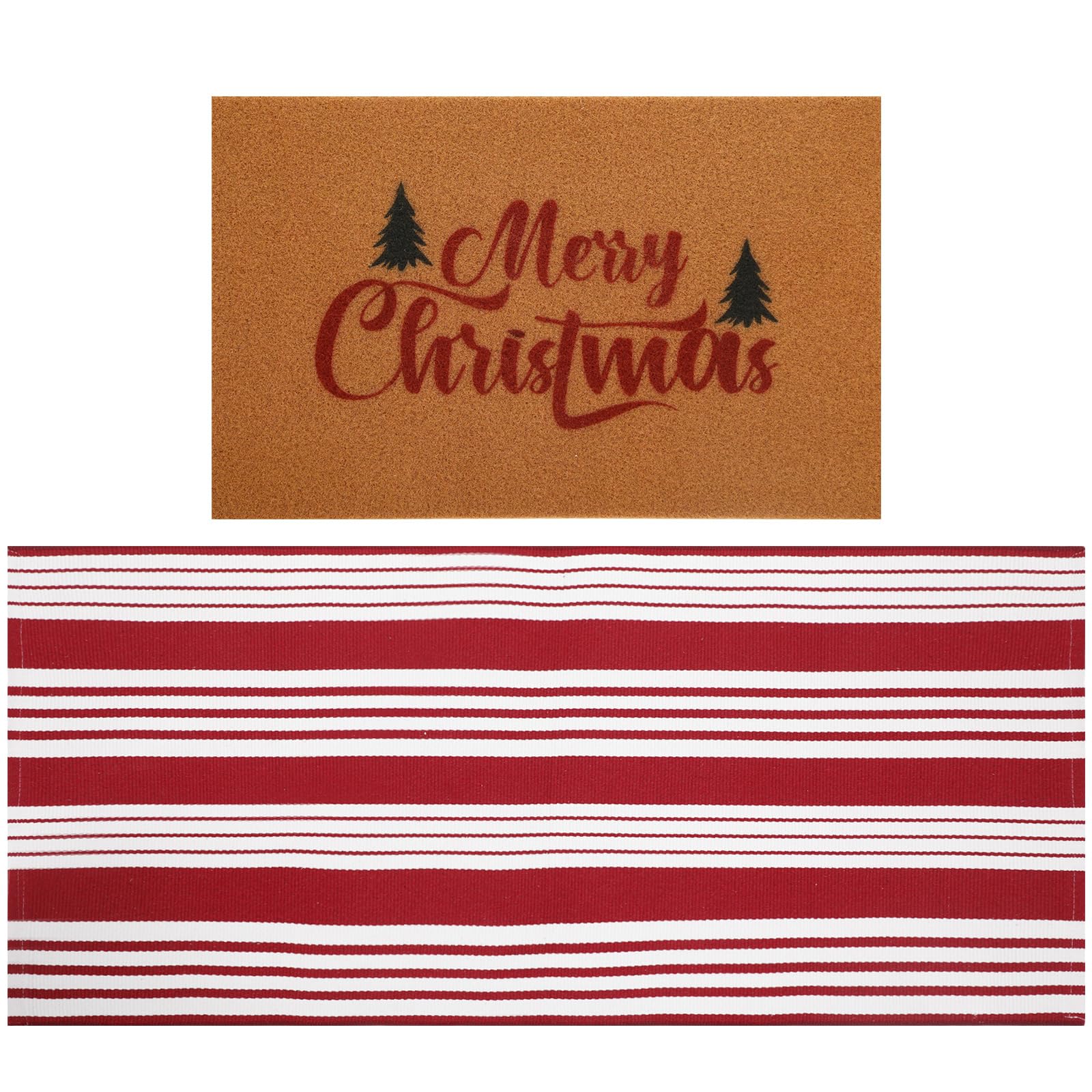 2 Pcs Christmas Doormat 24'' x 51'' Merry Christmas Outdoor Welcome Doormat and 18'' x 28'' Coir Doormat Xmas Non Slip Floor Mat for Outside Entrance Front Porch Entryway (Red White Stripes)-image-6