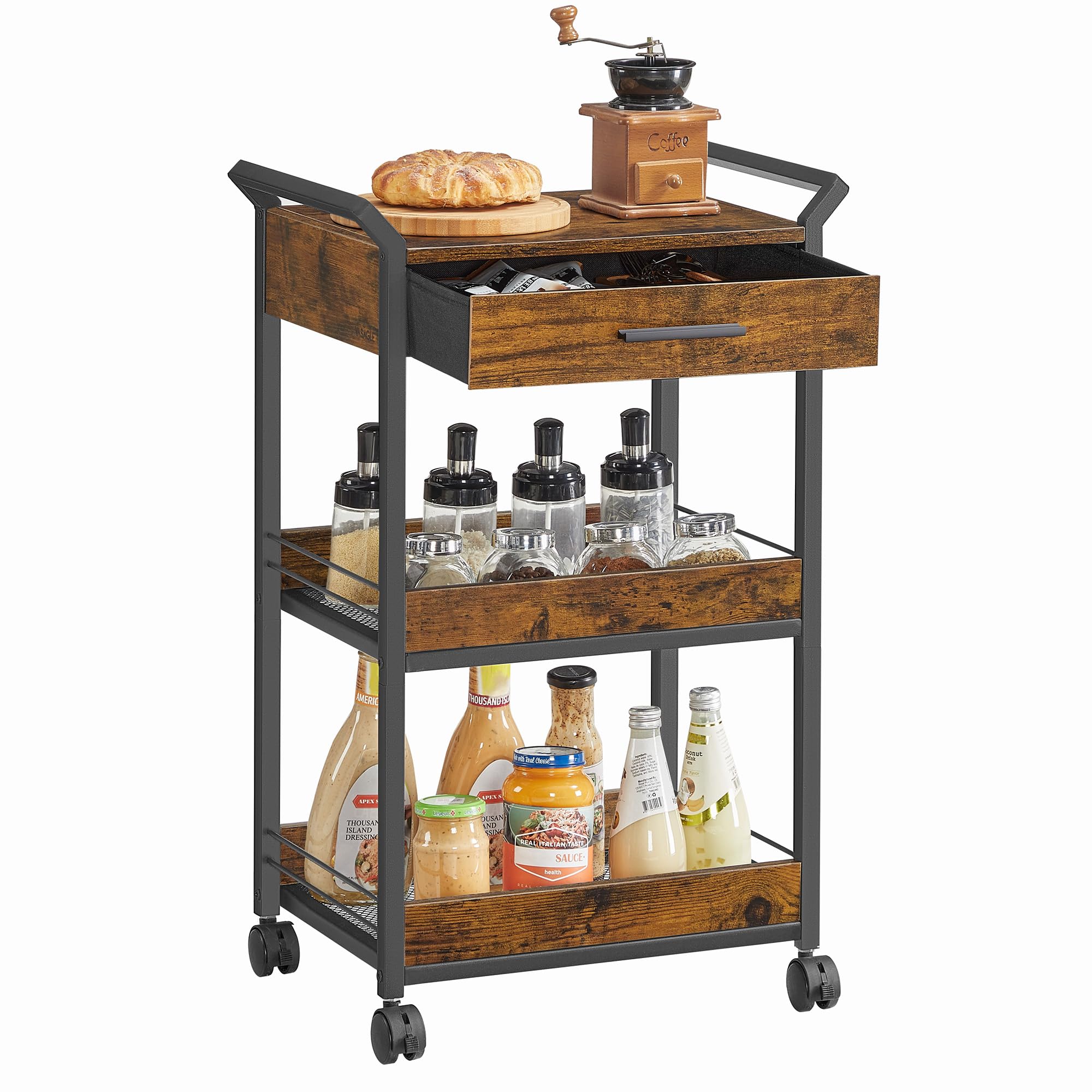 VASAGLE Storage Trolley, 3-Tier Rolling Cart with Table Top, Handles, 4 Lockable Castors, Top Drawer, Mesh Shelves, for Kitchen, Bathroom, Bedroom, Rustic Brown and Ink Black LRC048K01