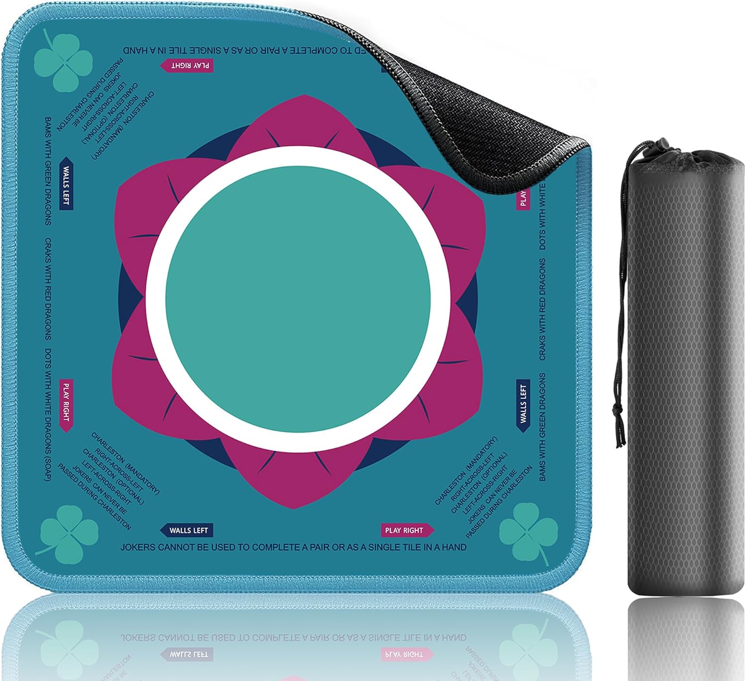 Newoh Mahjong Mat for Table, 32x32 Inch Neoprene Mahjong Table Cover with Rules, Non-Slip & Noise Reduction Portable Gaming Mat for Poker, Board Games, Cards, Tiles & Dominoes (Green)