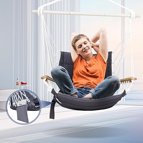 Miniatura 7 de Hamaca, columpio colgante para porche con reposabrazos de madera barra separadora de acero, kit de herramientas incluido tela acolchada hasta 350