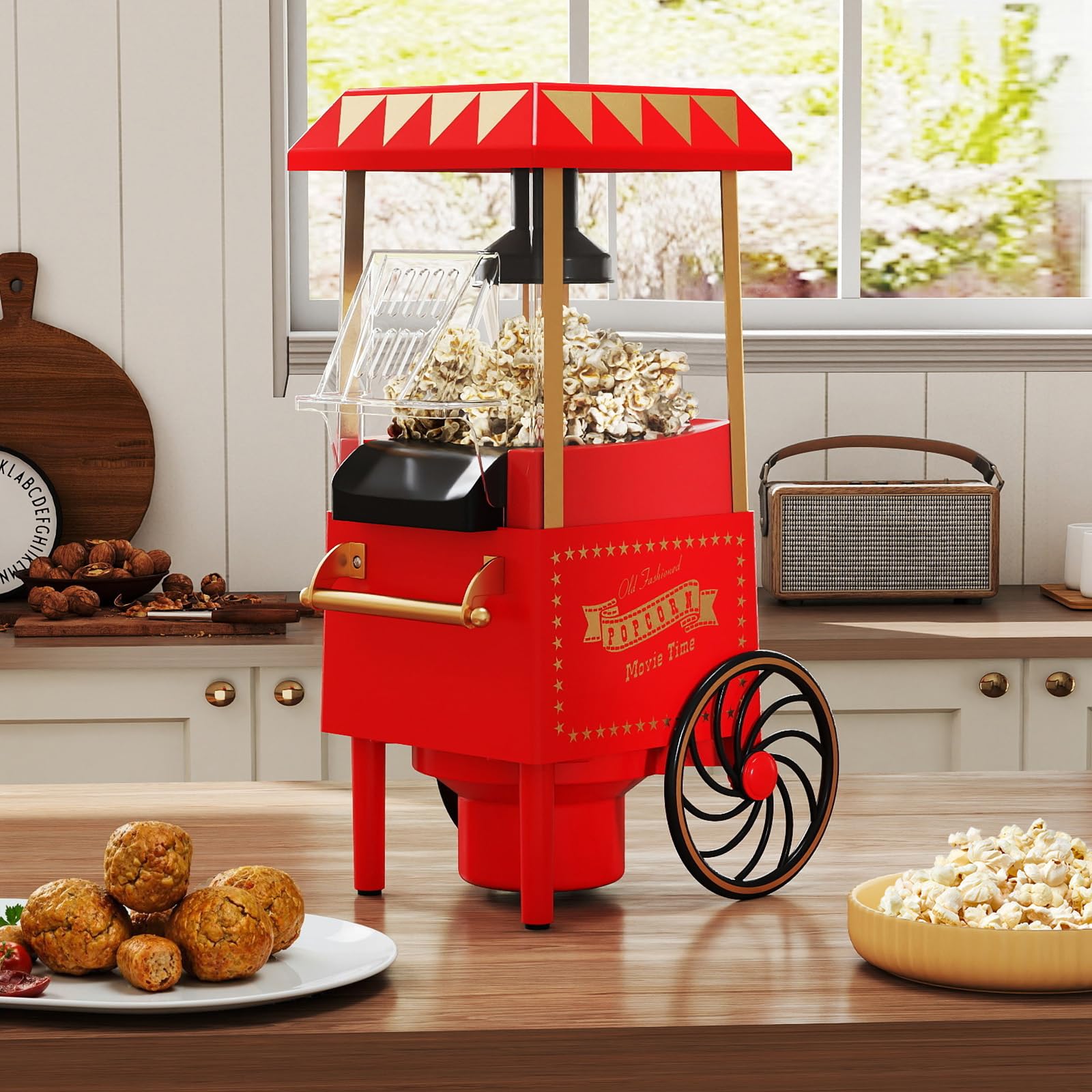 LIFEZEAL Macchina Popcorn con Carrello ad Aria Calda 1200W, Macchinetta Popcorn Elettrica con Misurino da 67 ml per Chicchi di Mais, Senza Olio, Pronta in 2 Minuti, per Case e Party (Stile Retrò)