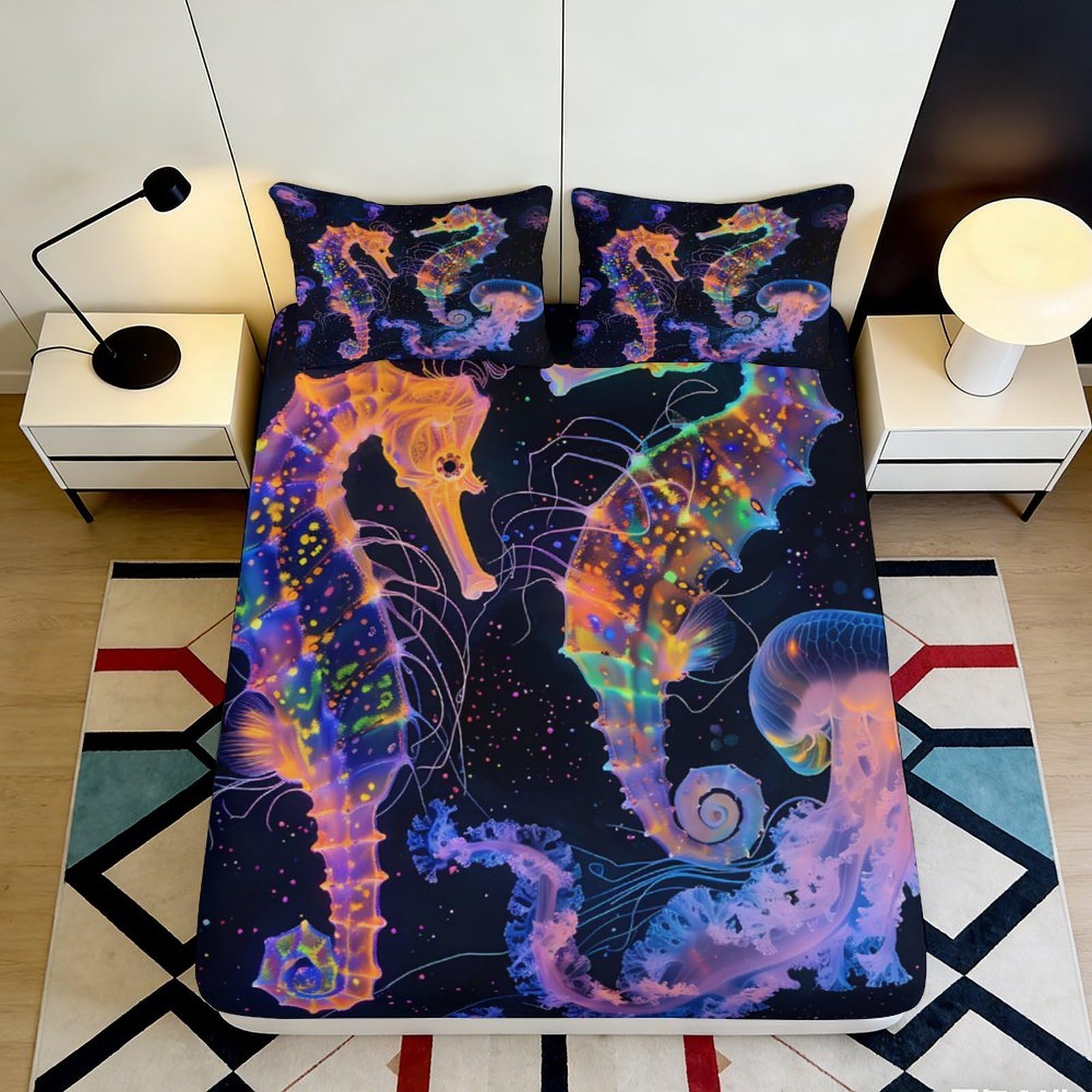 3D Printed Colourful Seahorse Fitted Sheet Microfiber Soft Breathable Ocean Pattern Bed Cover for Bedroom Dorm 90x200x25cm