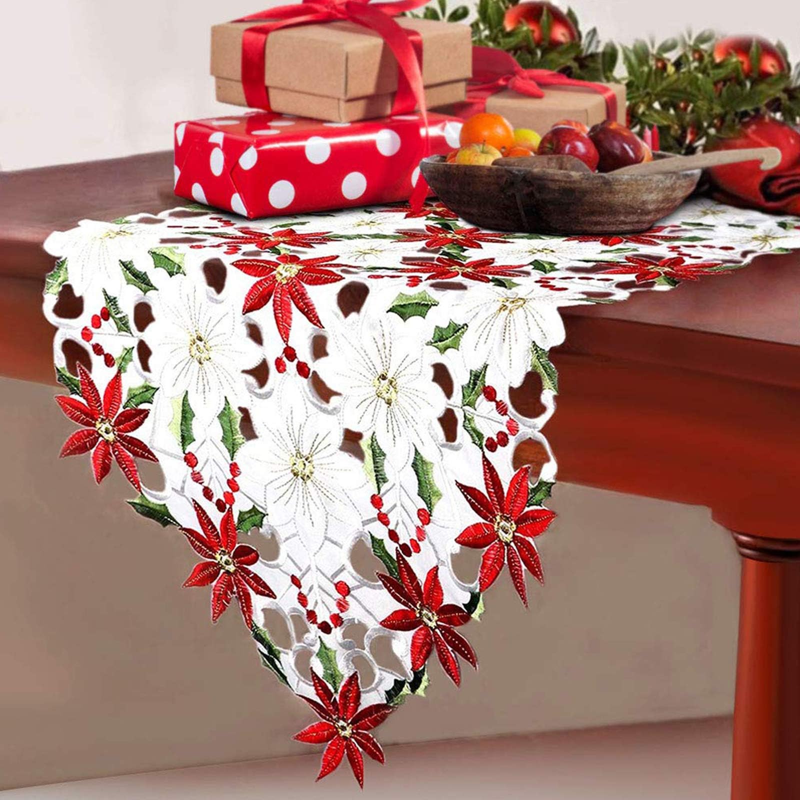 Fowecelt Christmas Embroidered Table Runner Christmas Poinsettia Holly Leaf Openwork Hand-Woven Table Linens for Christmas Decorations 15 x 69 Inch