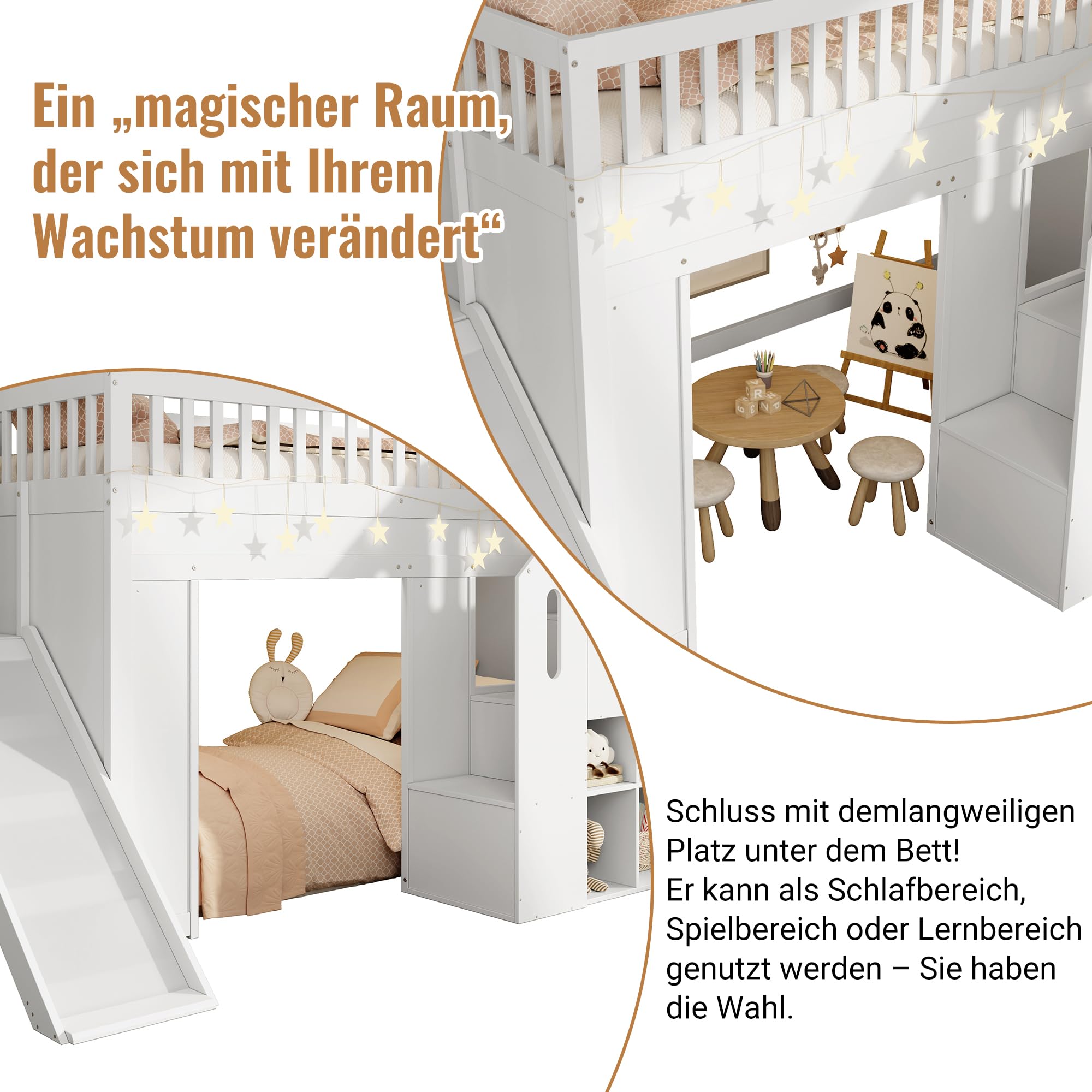 Merax Kinder Hochbett 90x200 cm, Etagenbett mit Rutsche, LED-Lichtleiste, Rausfallschutz und Stauraumtreppe, Massivholz & MDF, Weiß (ohne Matratze)