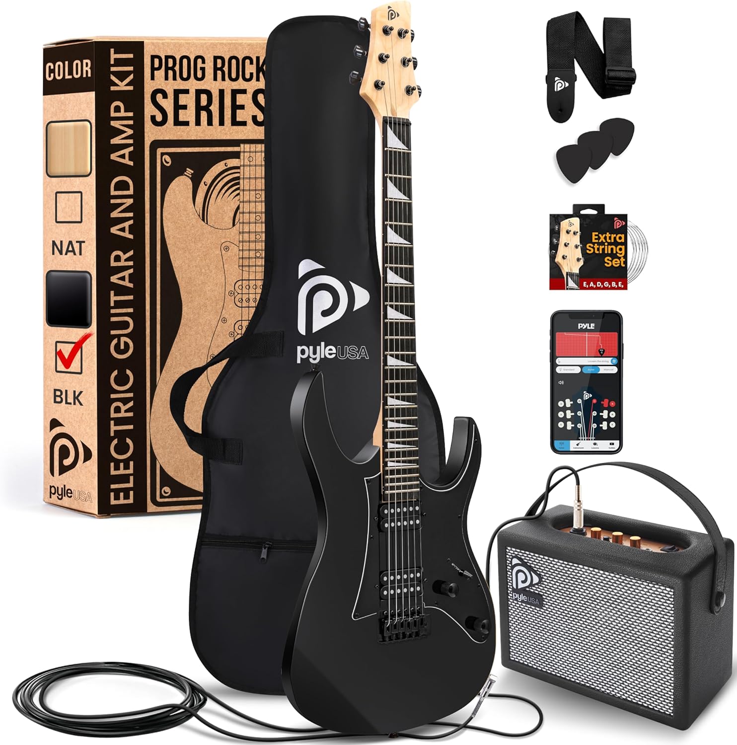 Pyle Prog Rock EG Series Electric Guitar with Amp Kit, 39" Full Size with Dual Humbucker Pickups, Low Profile Neck and Solid Paulownia Body, Premium Accessory Kit Included (Black Gloss)
